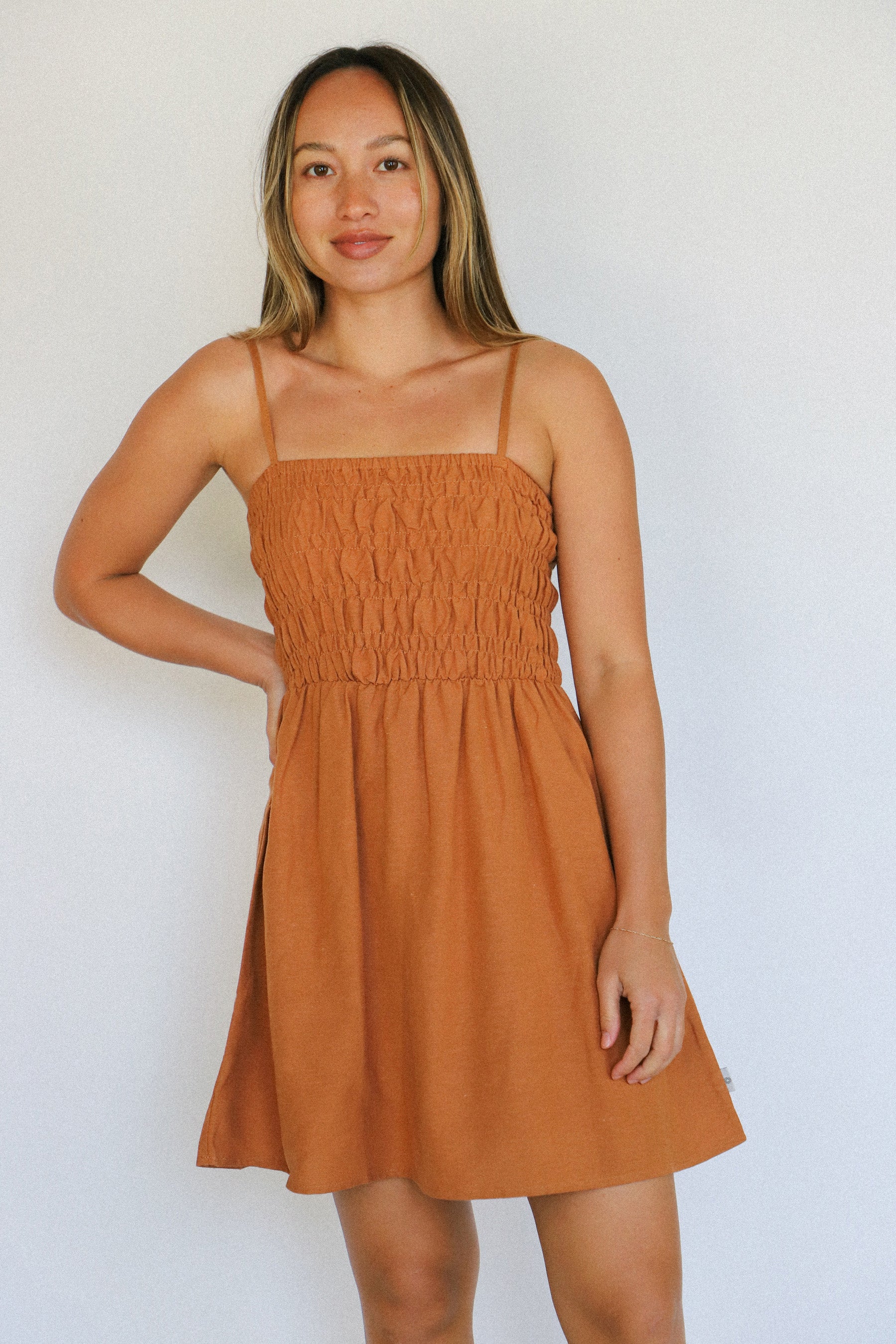 Caramel Classic Shirred Mini Dress – Prism Boutique