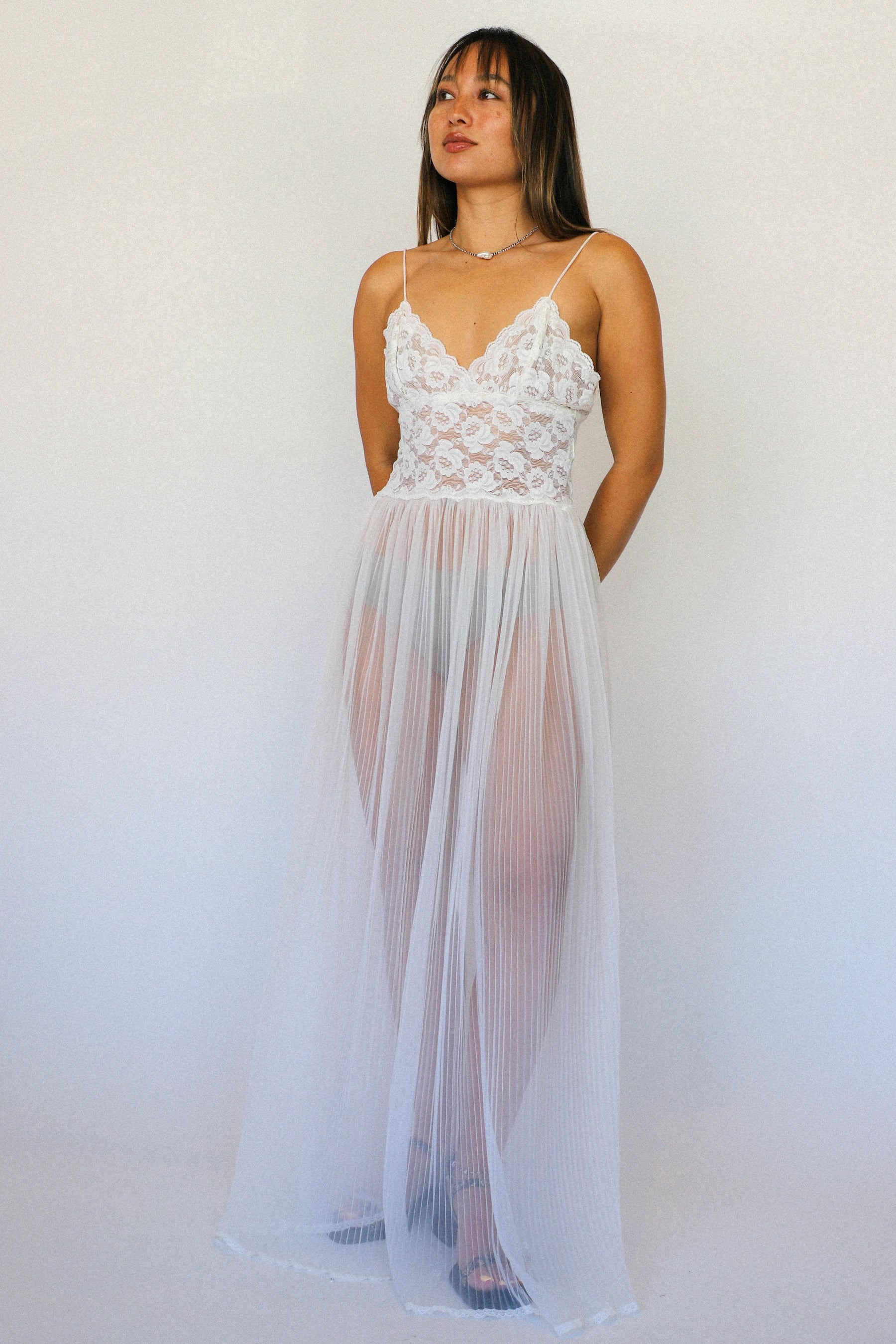 Sheer Lace Pleated Slip Dress Sheer Lace Pleated Slip Dress