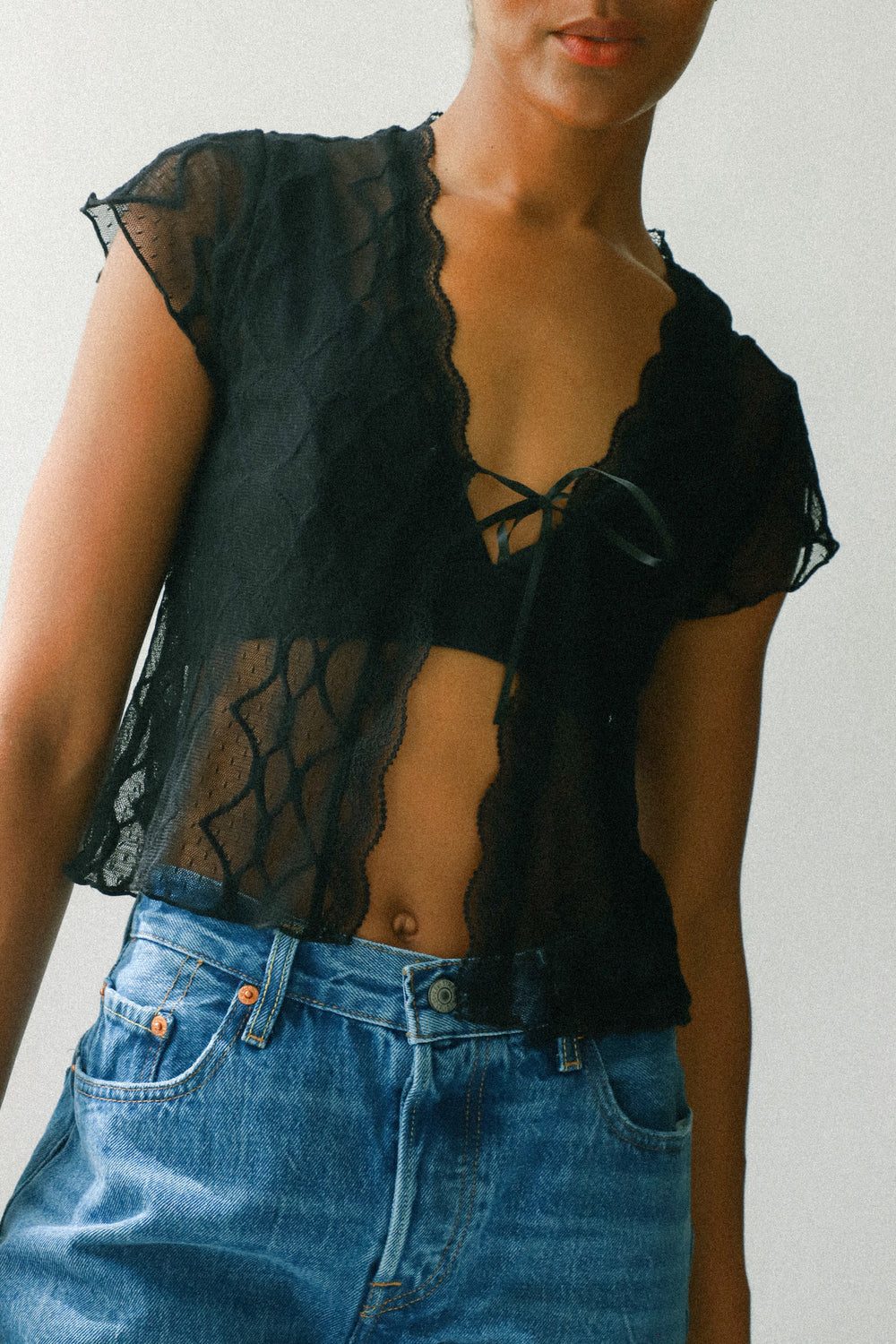 Black Embroidered Lace Tie Front Tee