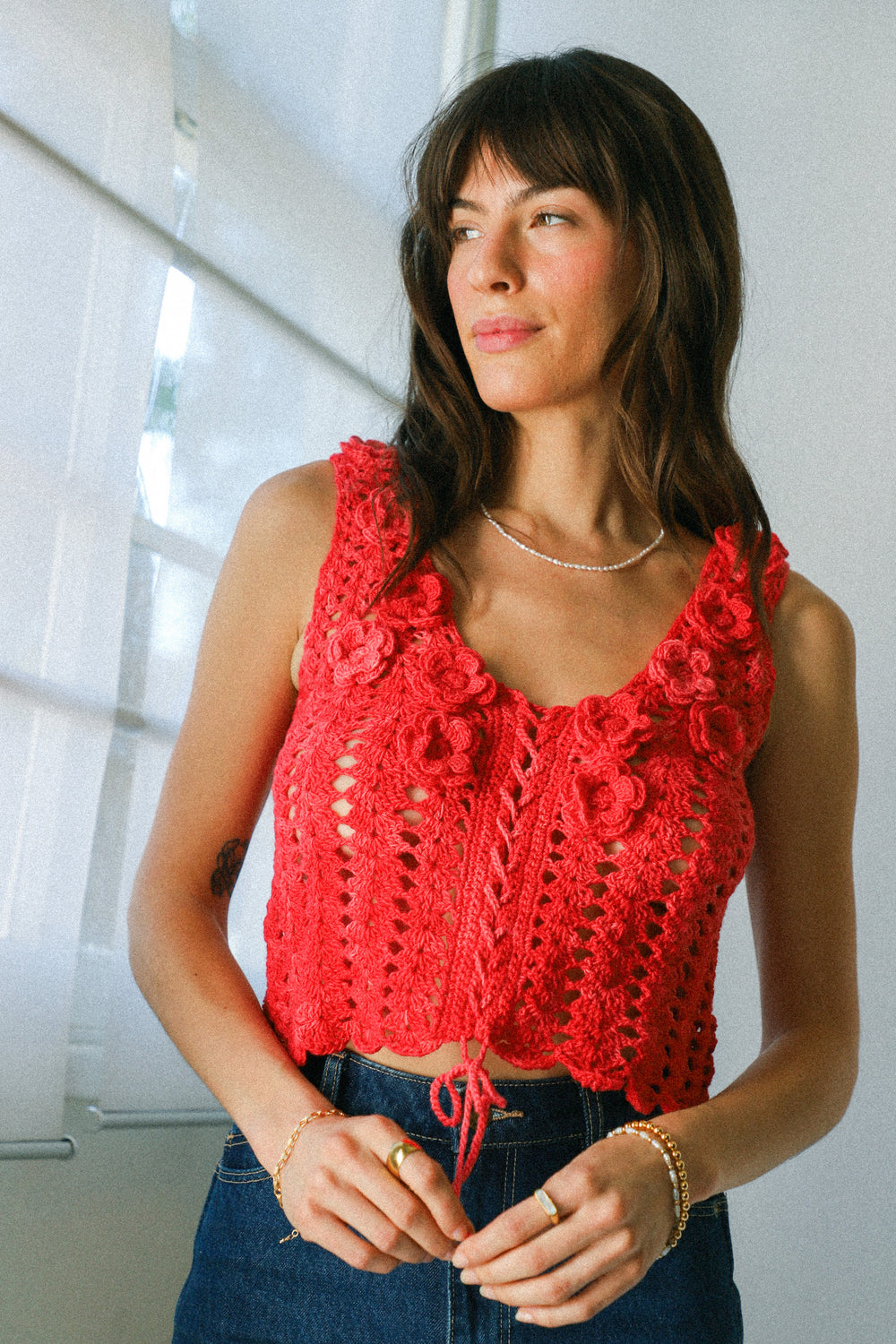 Red Dunia Lace Up Vest