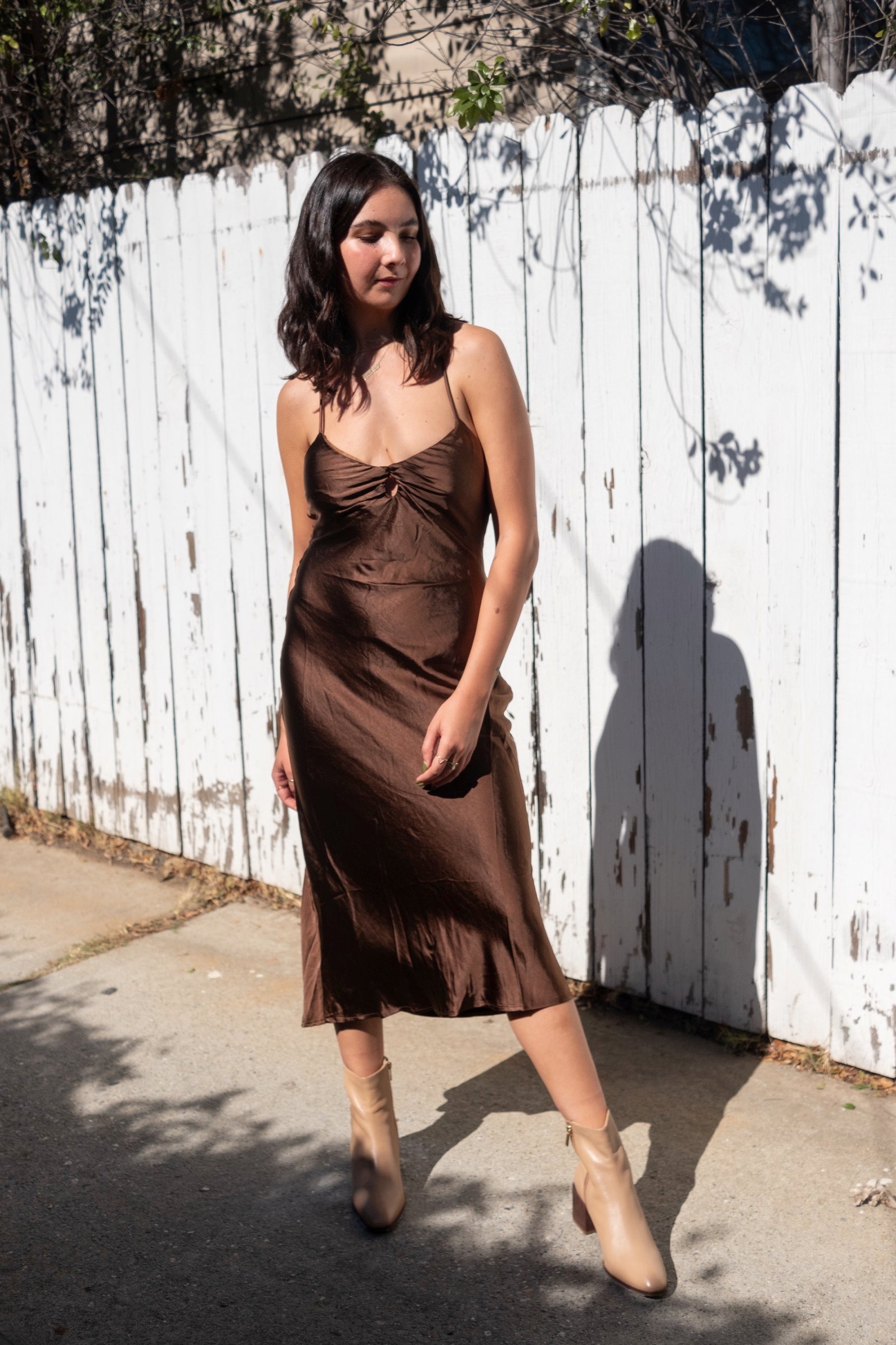chocolate satin midi dress Chocolate Satin Sophie Dress – Prism Boutique