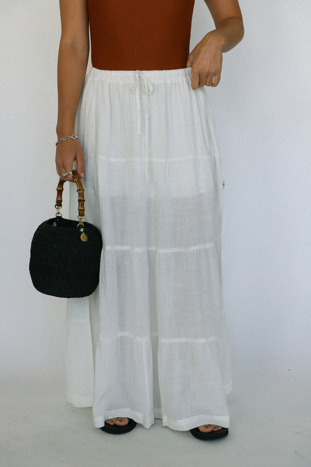 White Classic Tiered Maxi Skirt