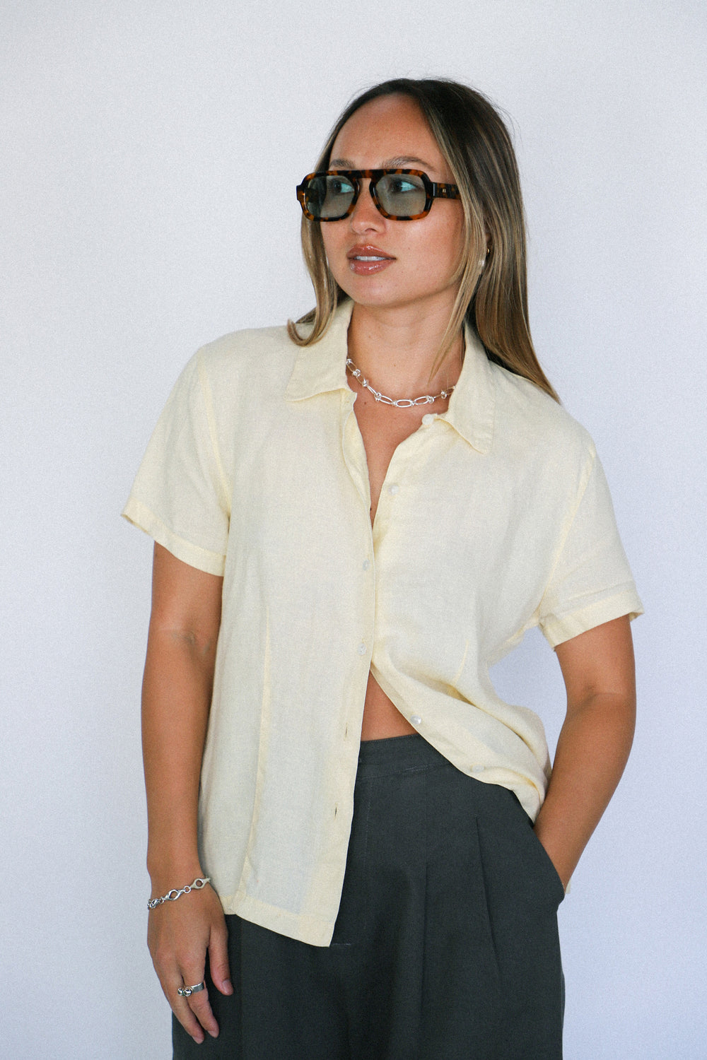 Pale Yellow Linen Button Up
