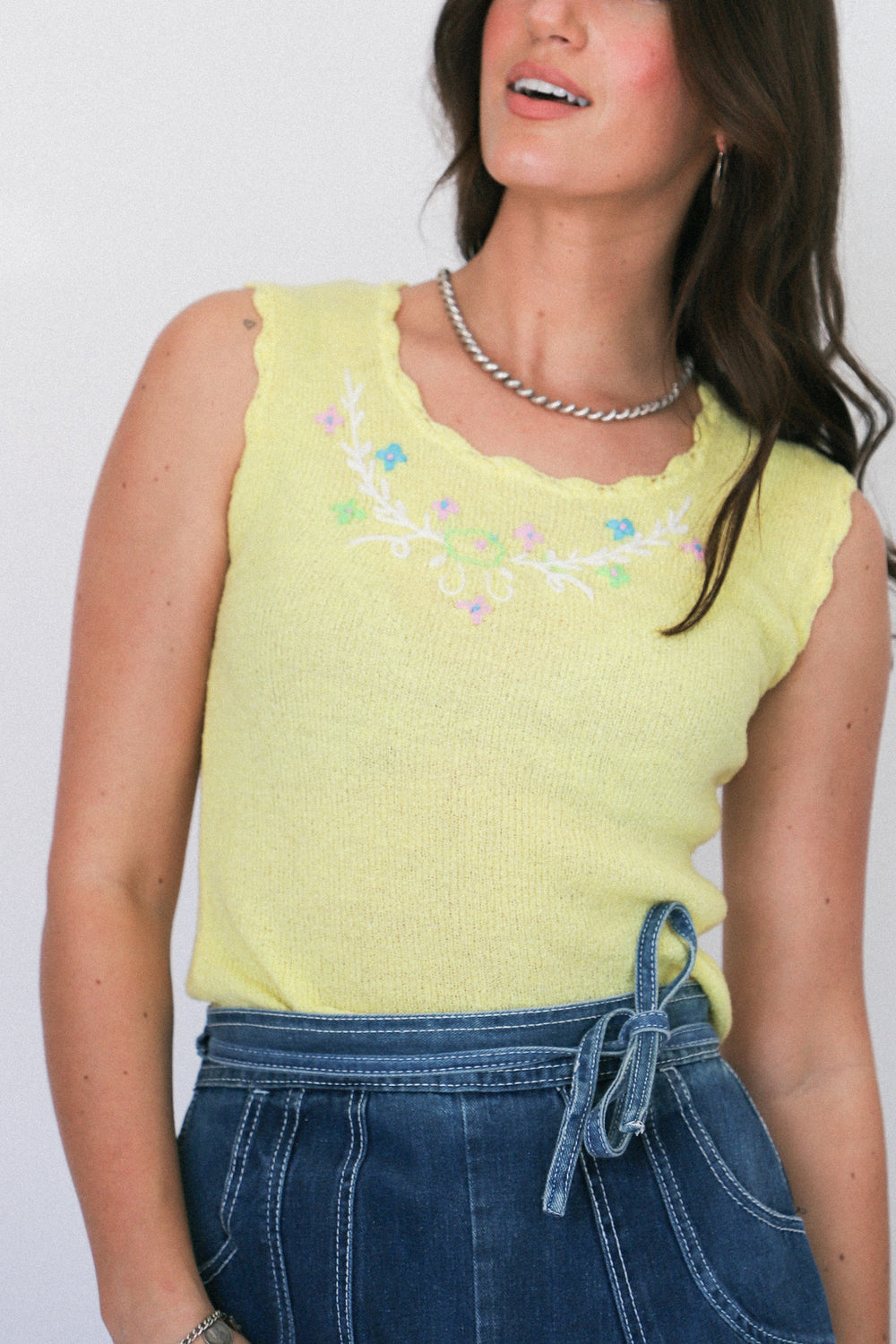 Yellow Embroidered Knit Tank