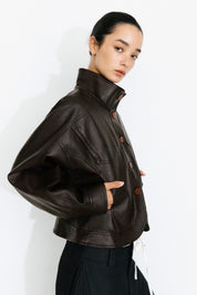 Curved Sleeved Faux Leather Jacket