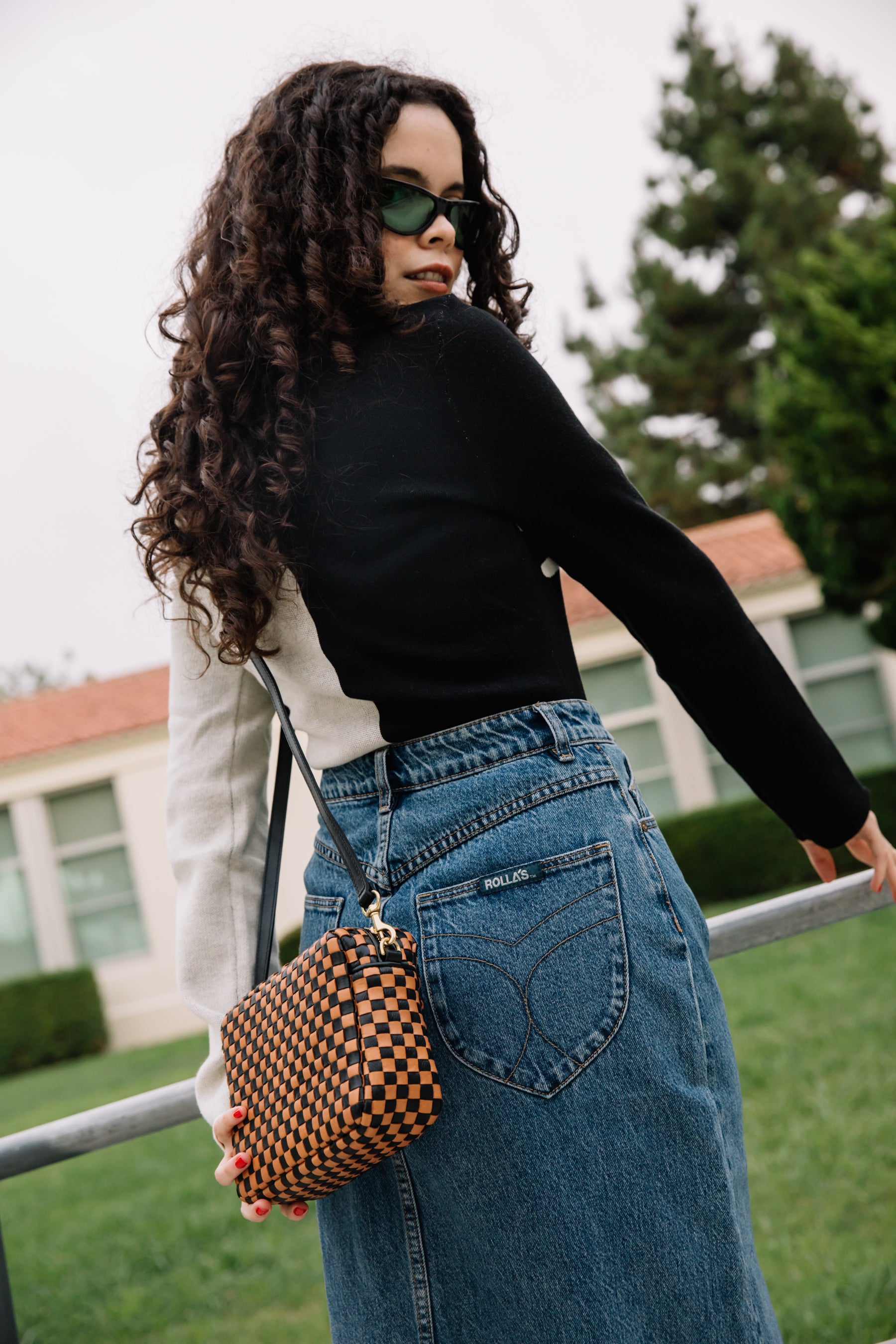 Black & Natural Woven Checker Midi Sac