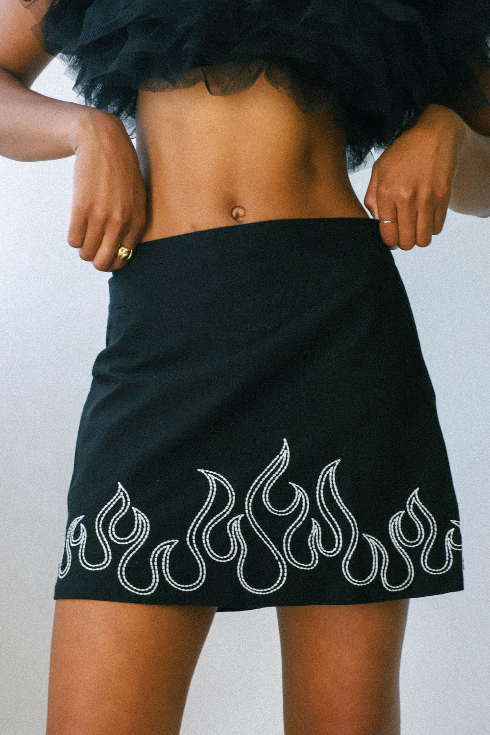 Black On Fire Embroidered Mini Skirt