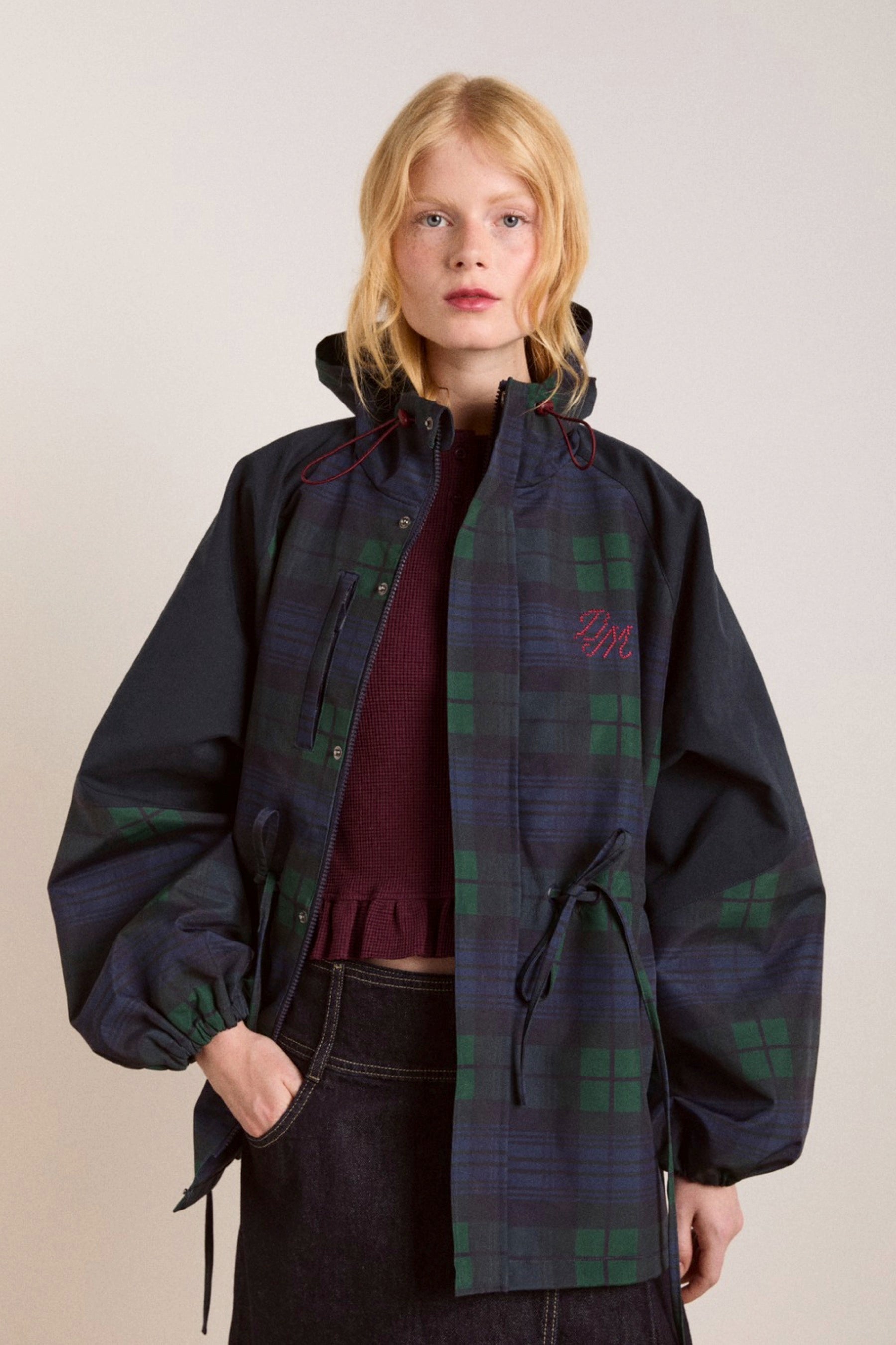 Navy Check Liu Raincoat