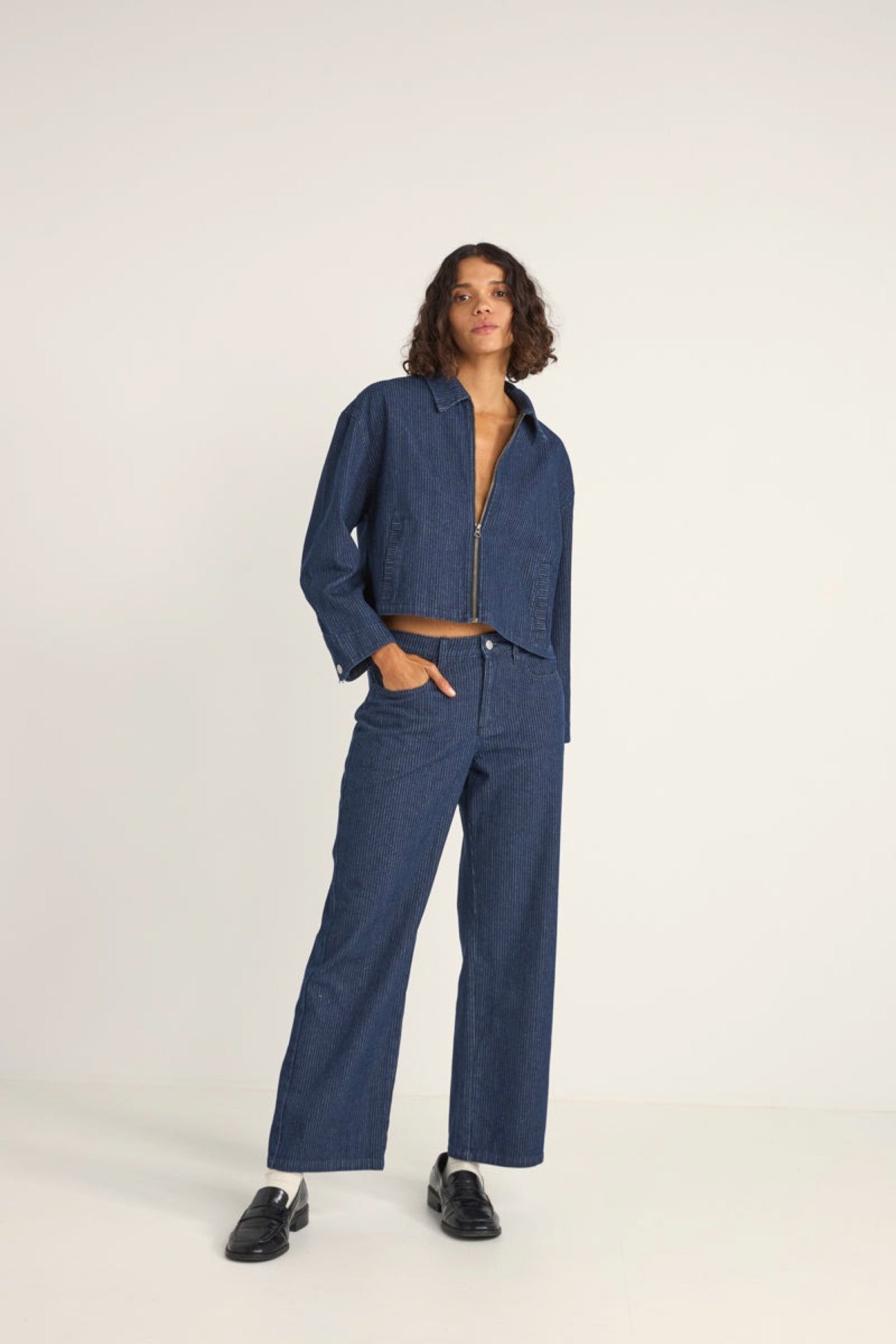 Indigo Pinstripe Cropped Jacket