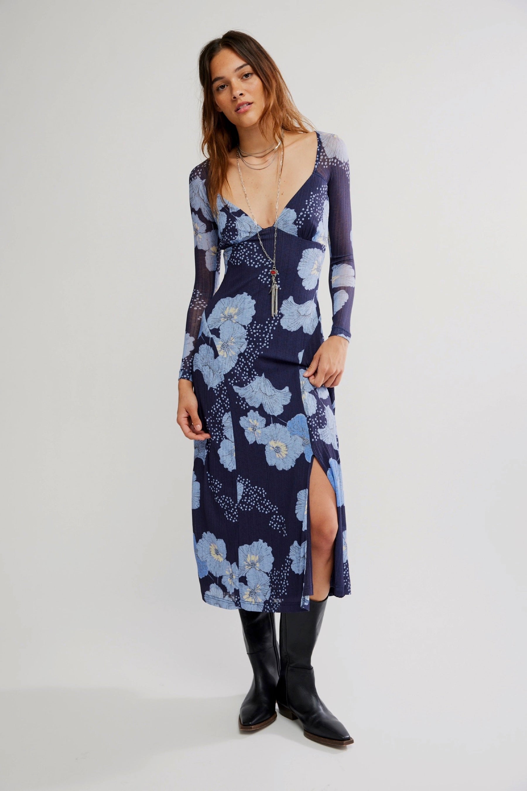 Free People Calla Print Long Sleeve Midi Dress SKYCOMBO / L Free People Calla Print Long Sleeve Midi Dress SKYCOMBO / L