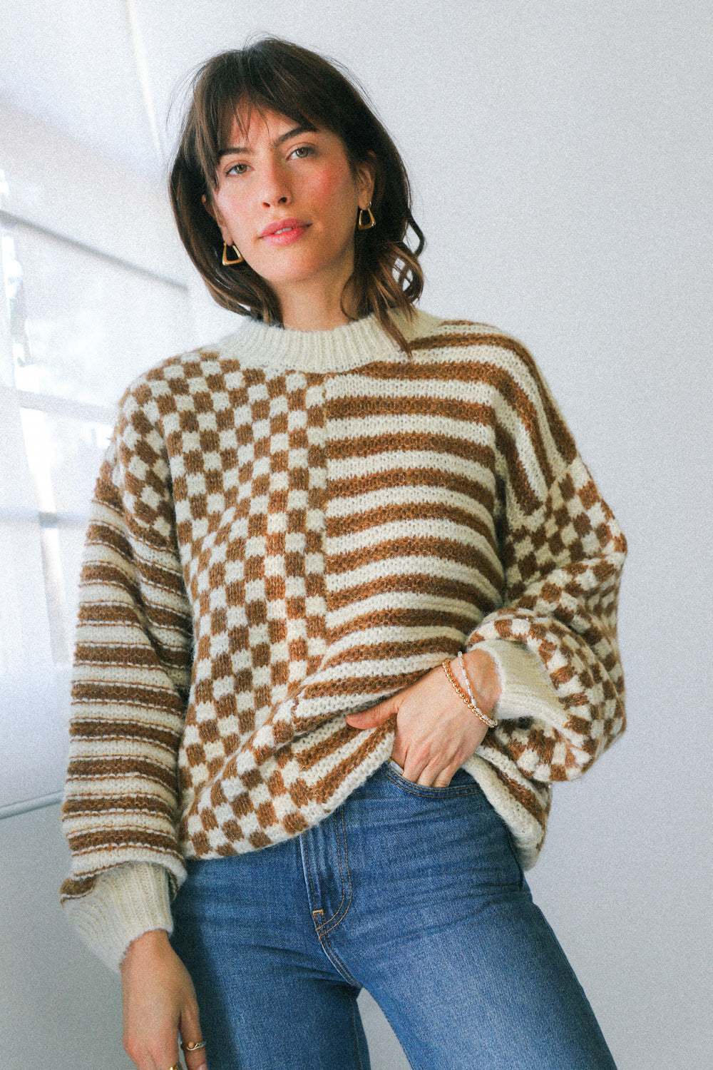 Brown Mixed Checker Sweater