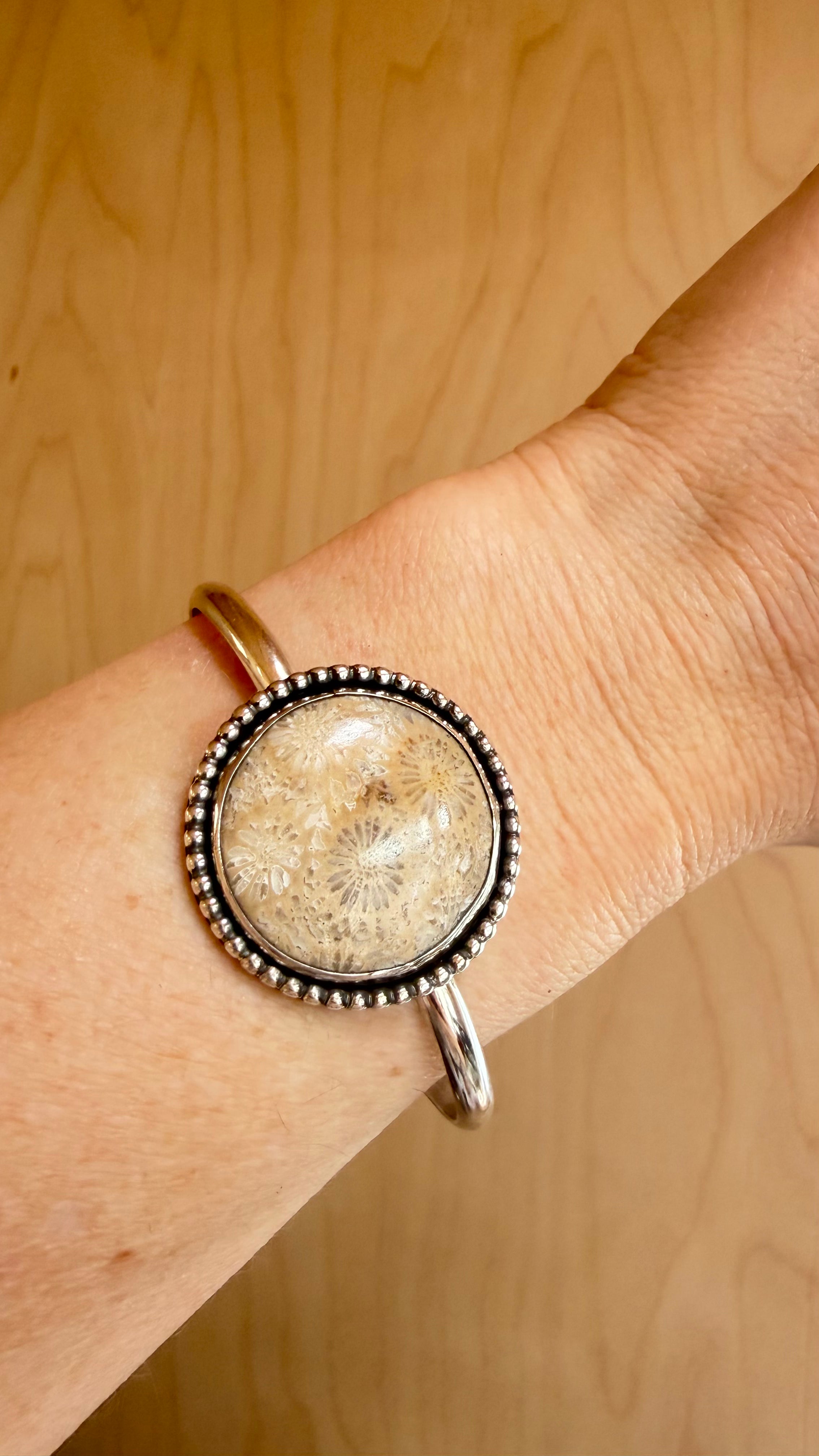 Silver Round Fossilized Coral Cuff