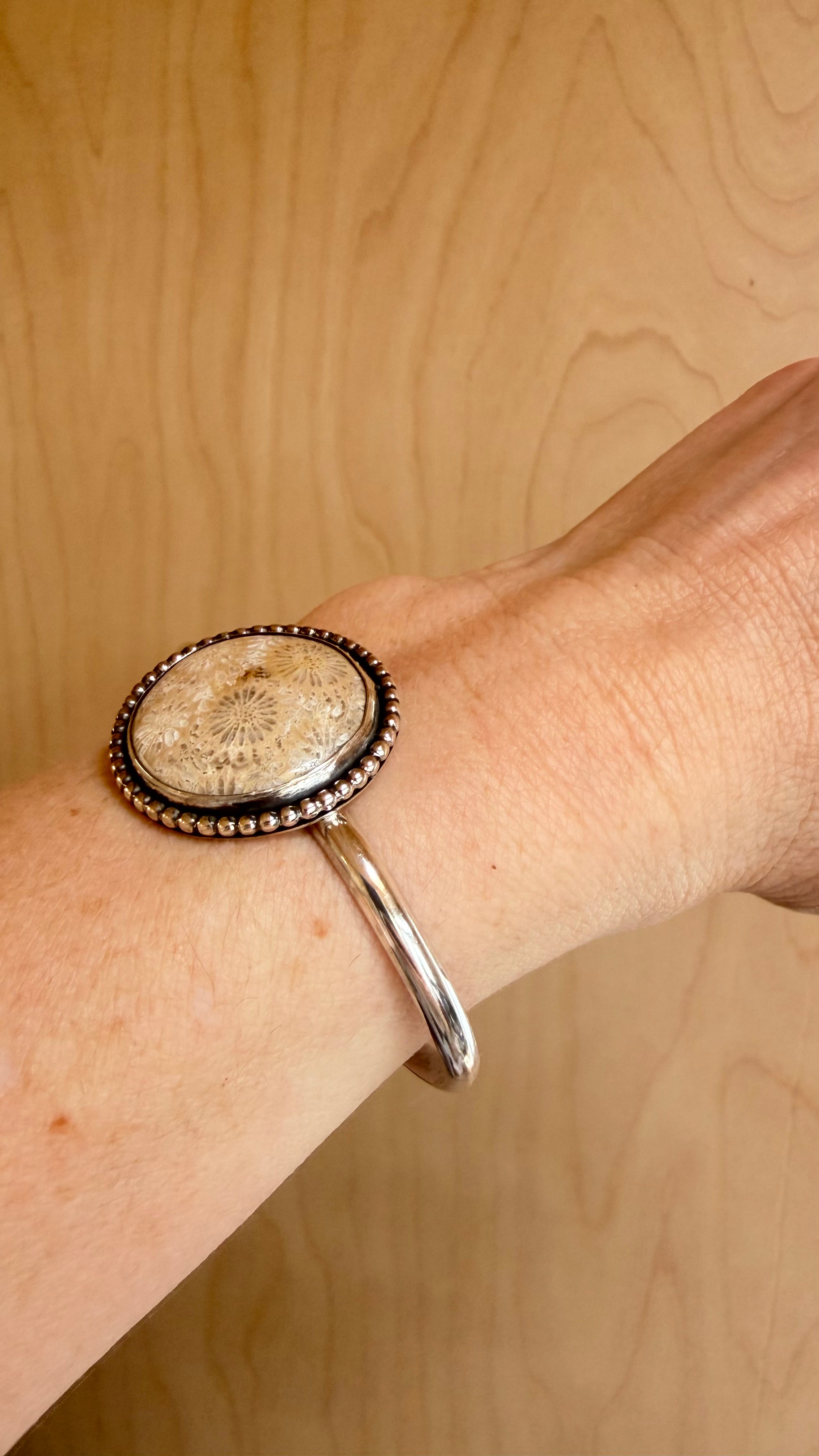 Silver Round Fossilized Coral Cuff