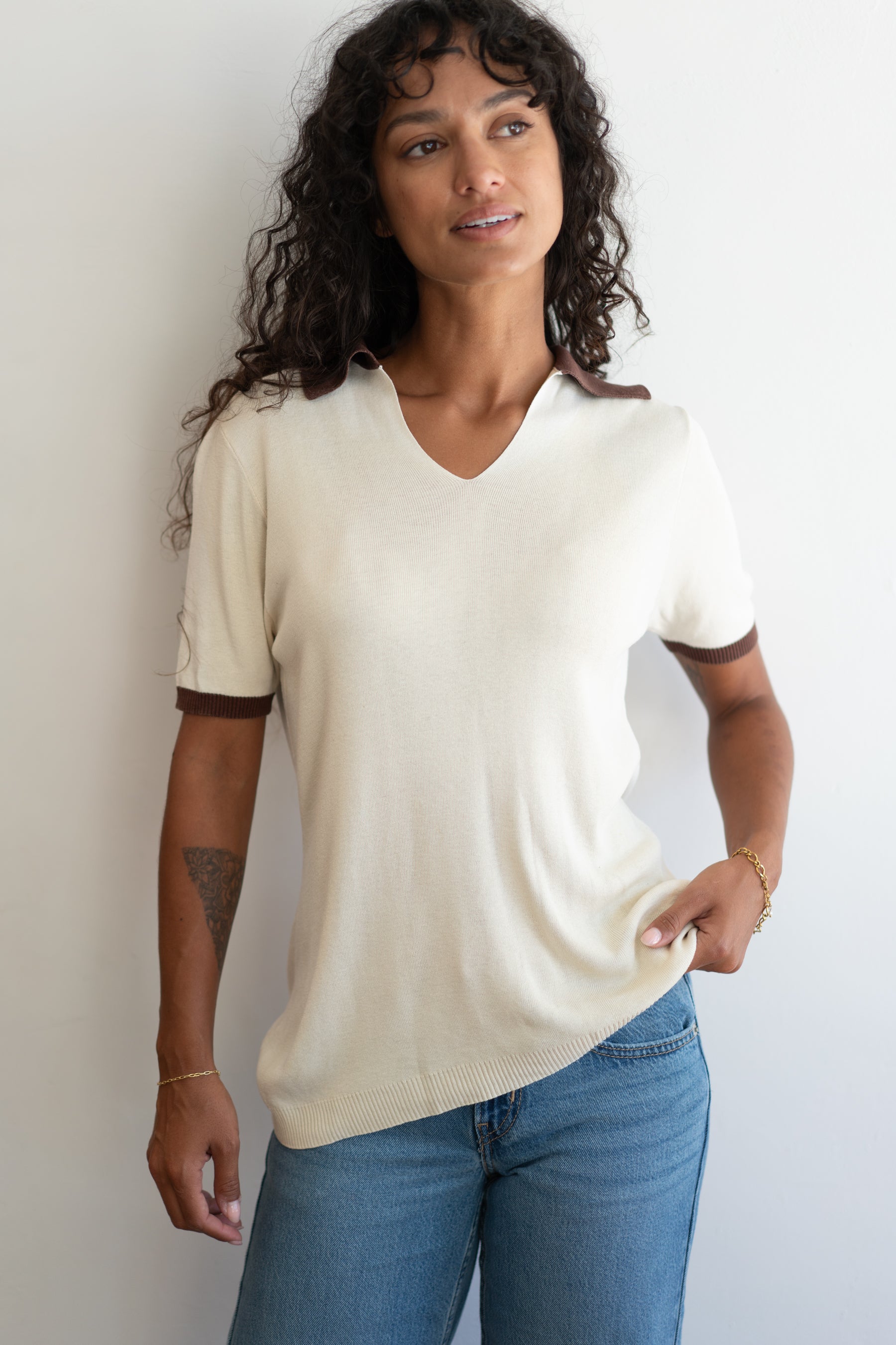 Ivory & Brown Silk Polo