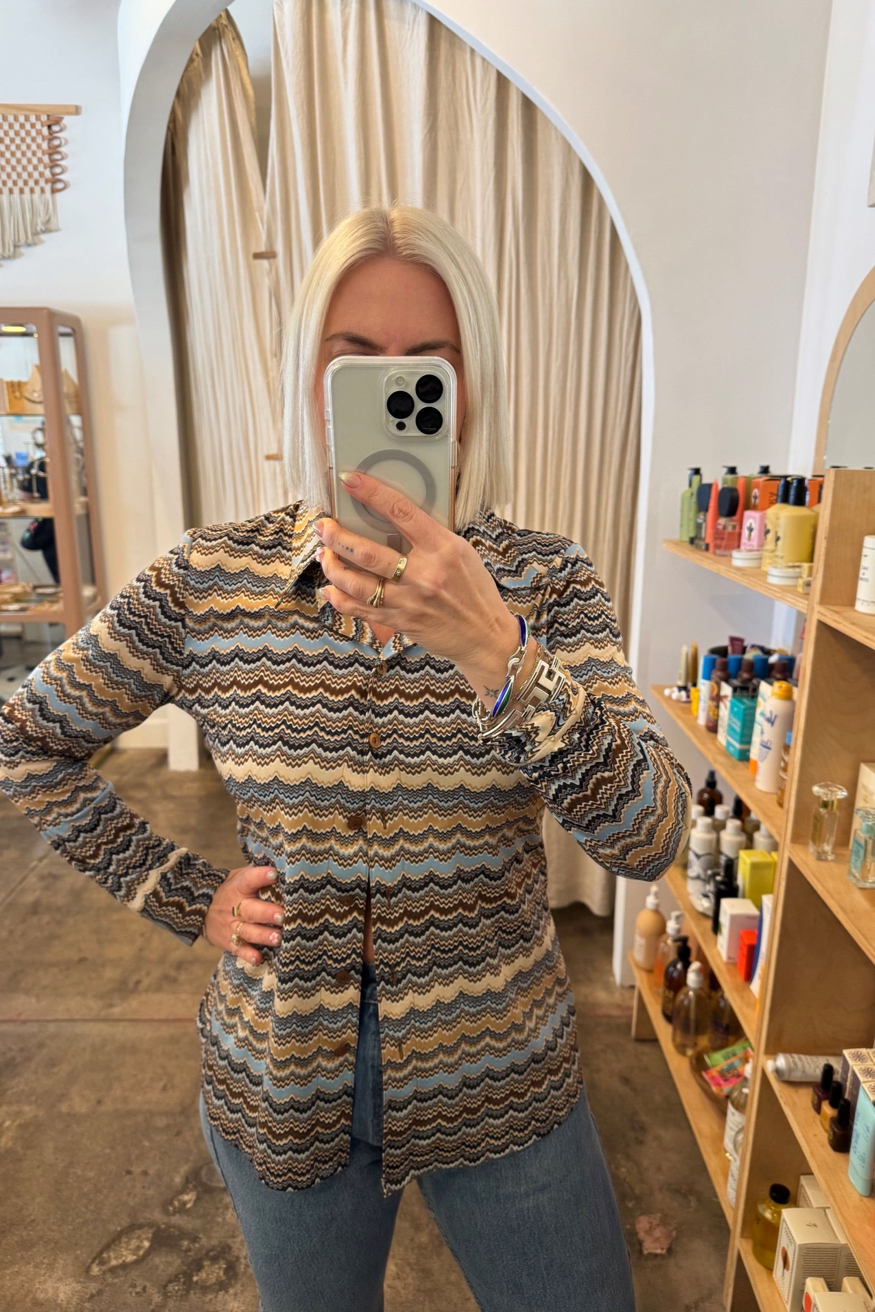 Blue + Brown Zig Zag Blouse