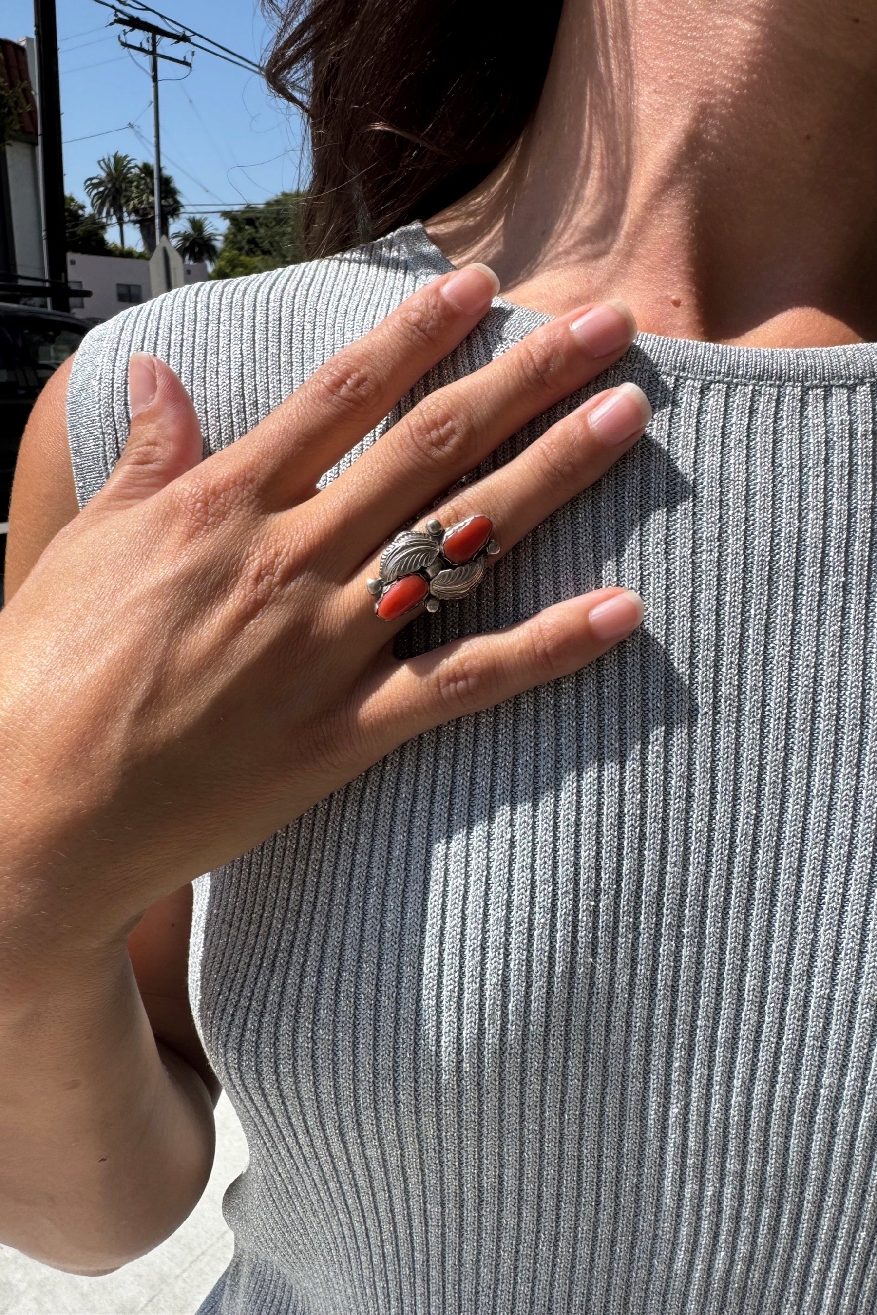 Sterling Feather + Coral Ring