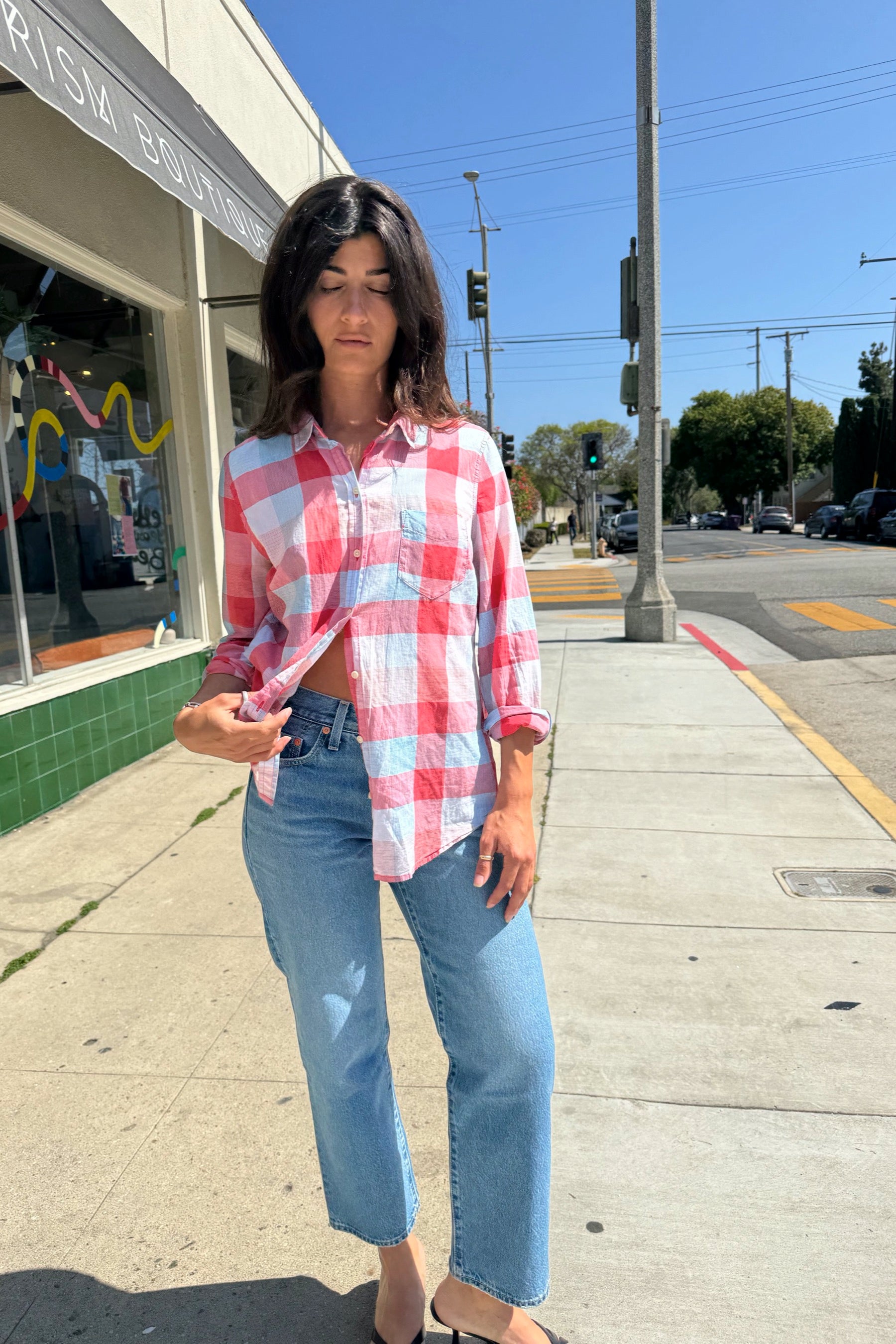 Blue + Red Plaid Button Up