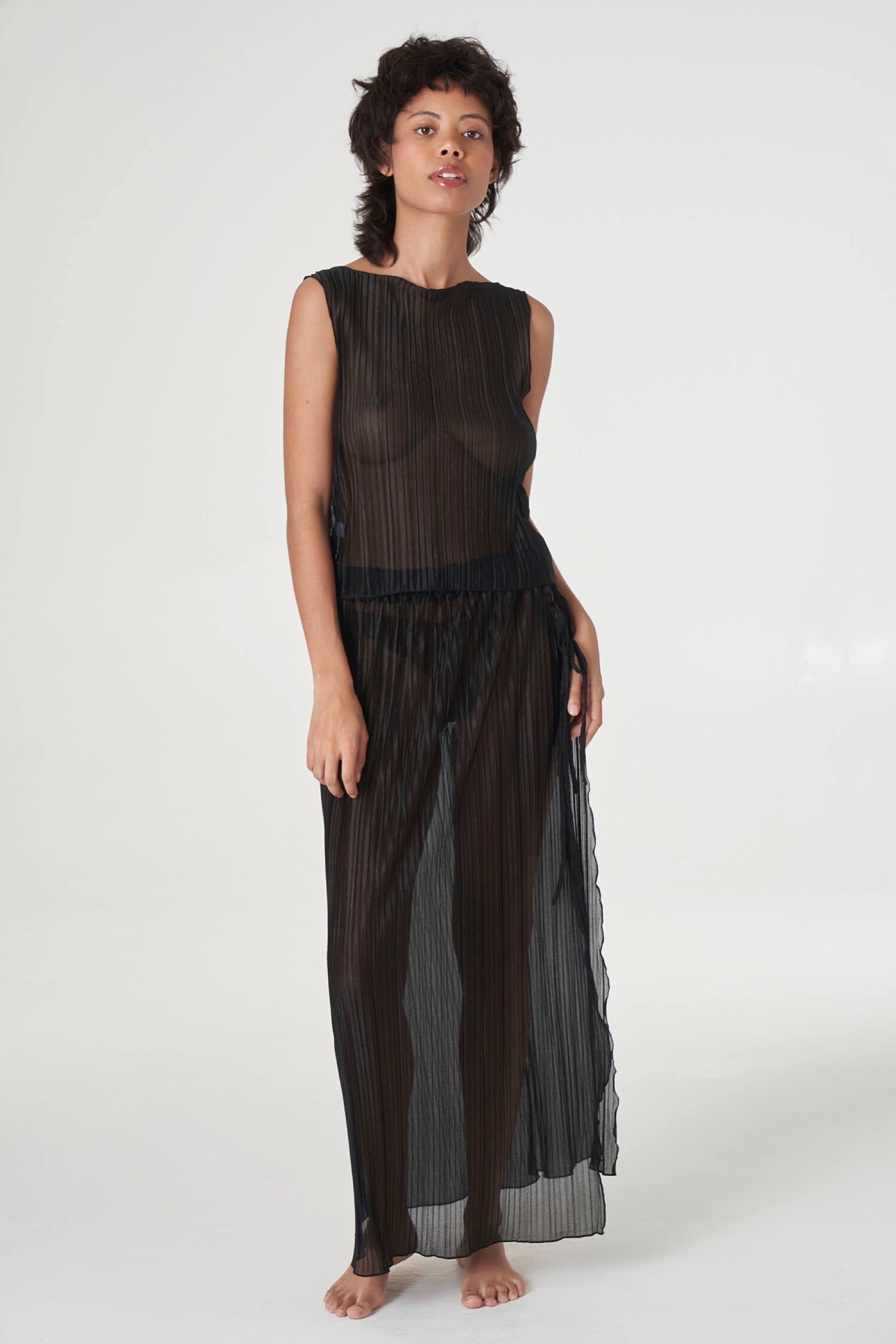 Black Pleated Rouched Midi Skirt