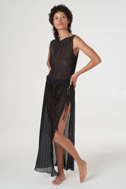 Black Pleated Rouched Midi Skirt