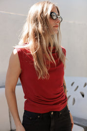 Raspberry Asymmetric Pleats Tank