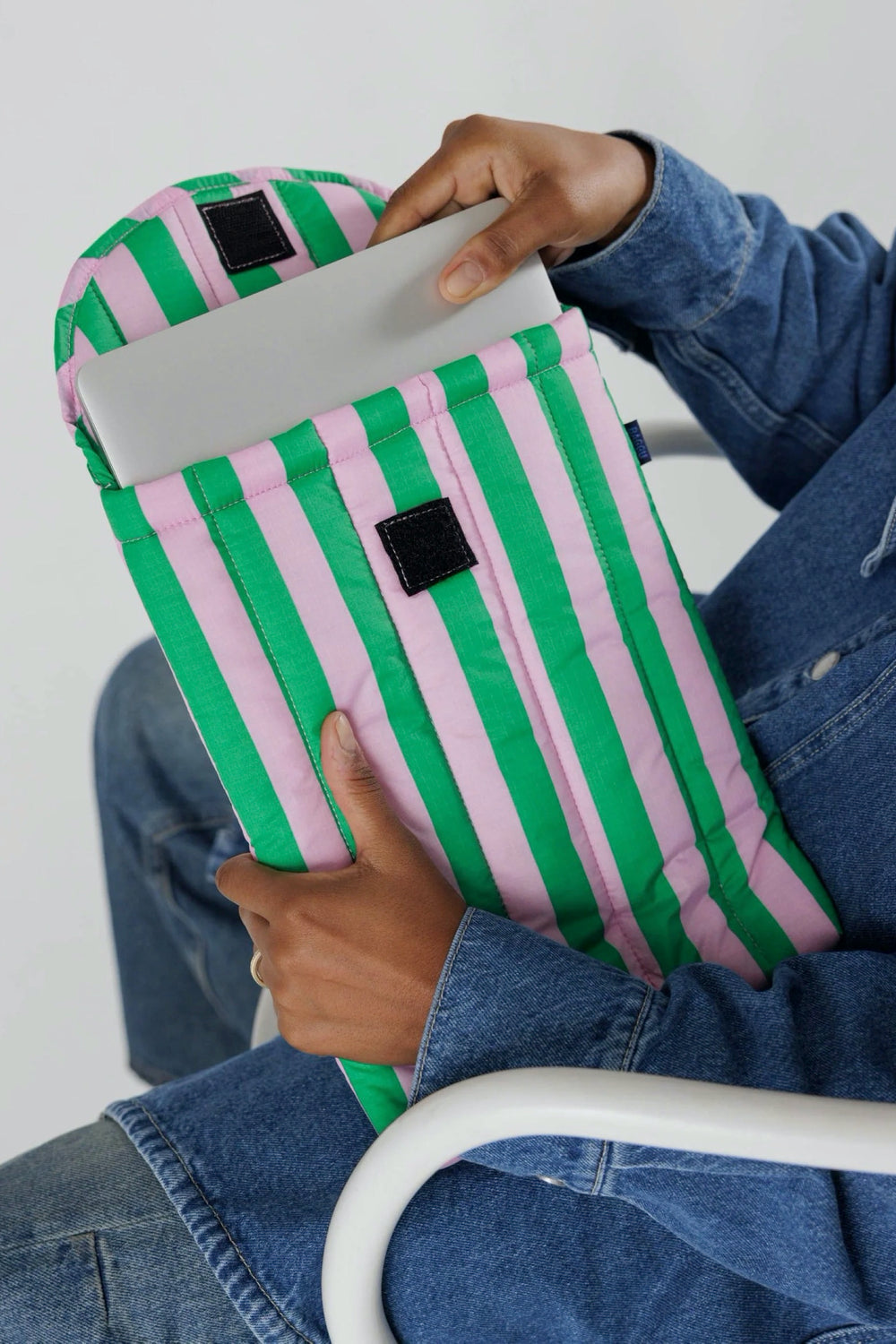 Pink + Green Awning Stripe Puffy Laptop Sleeve