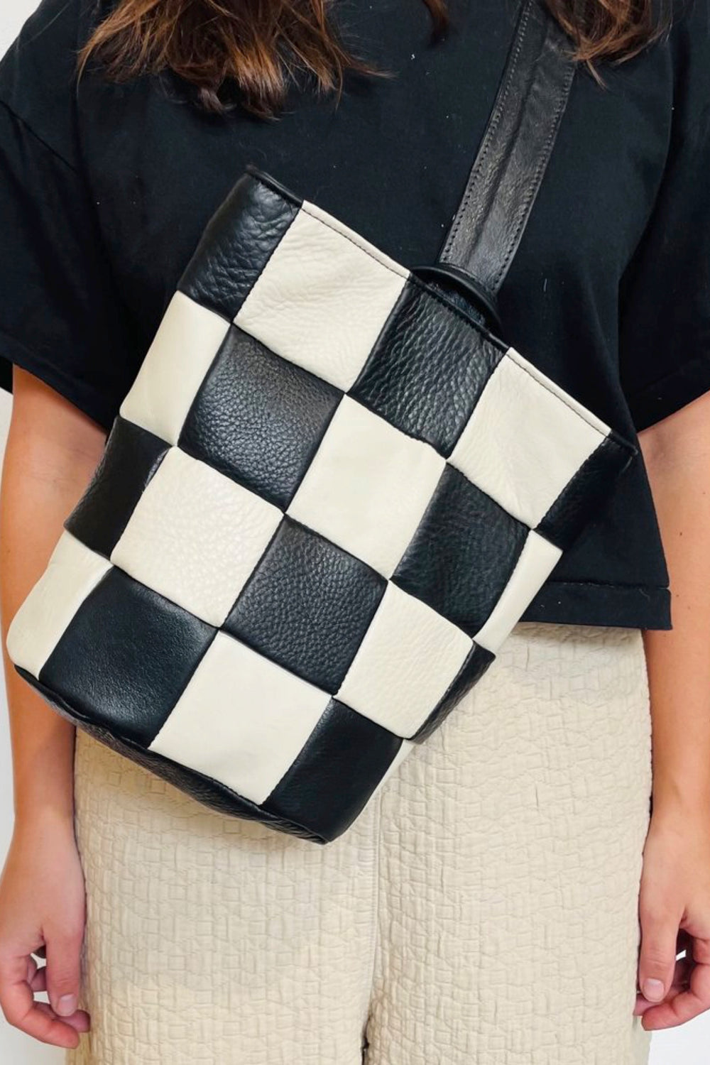 Checked Leather Sling Bag