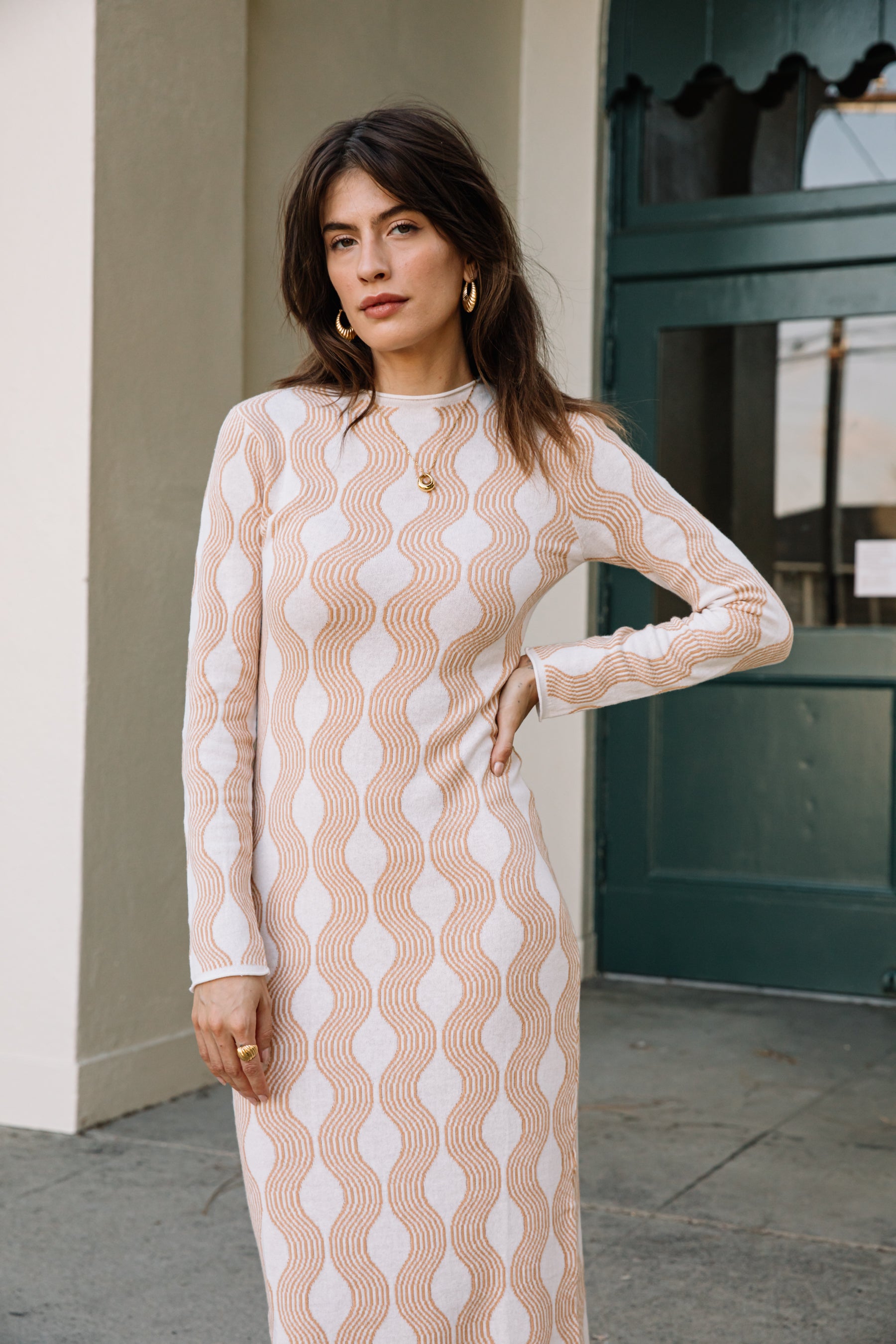 Tan Wave Knit Cotton Dress  Prism Boutique