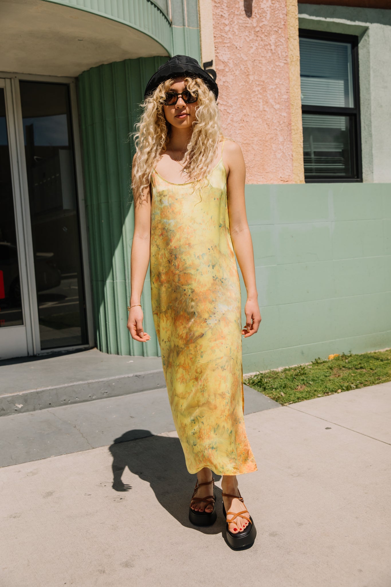 neon silk dress The Virden Tropics Print Dress in Neon Pink Large