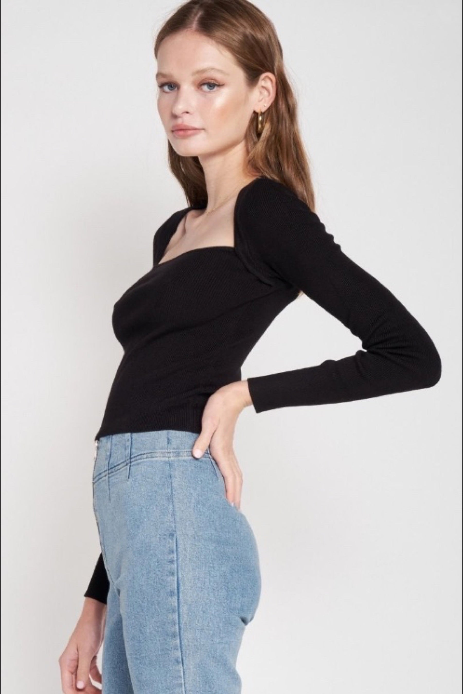 Black Square Neck Knit Top