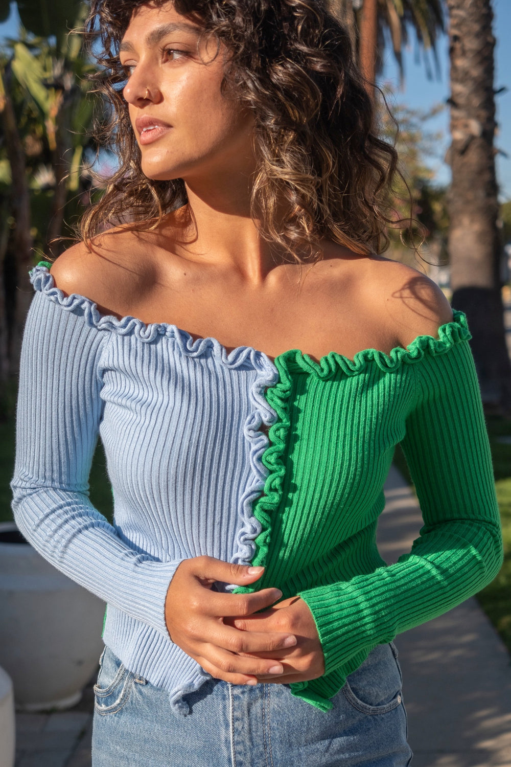 Emerald + Blue Charlie Off Shoulder Sweater