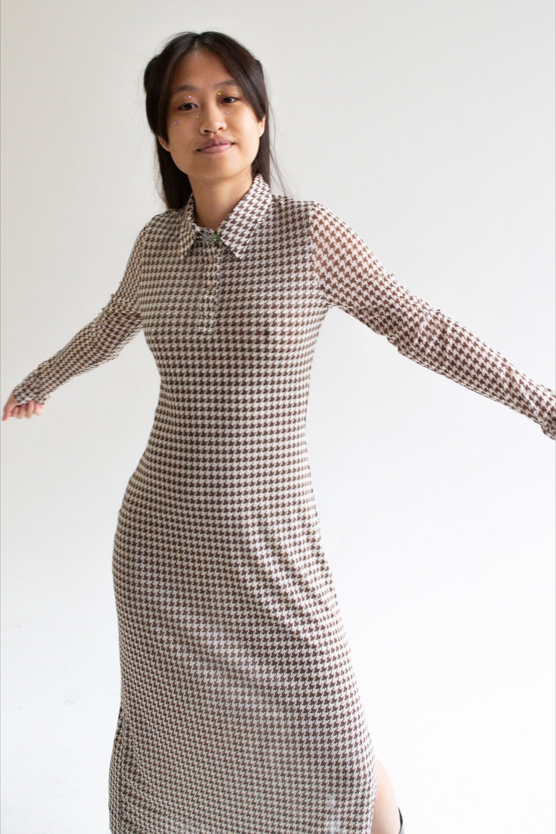 Brown Houndstooth Elena Midi Dress