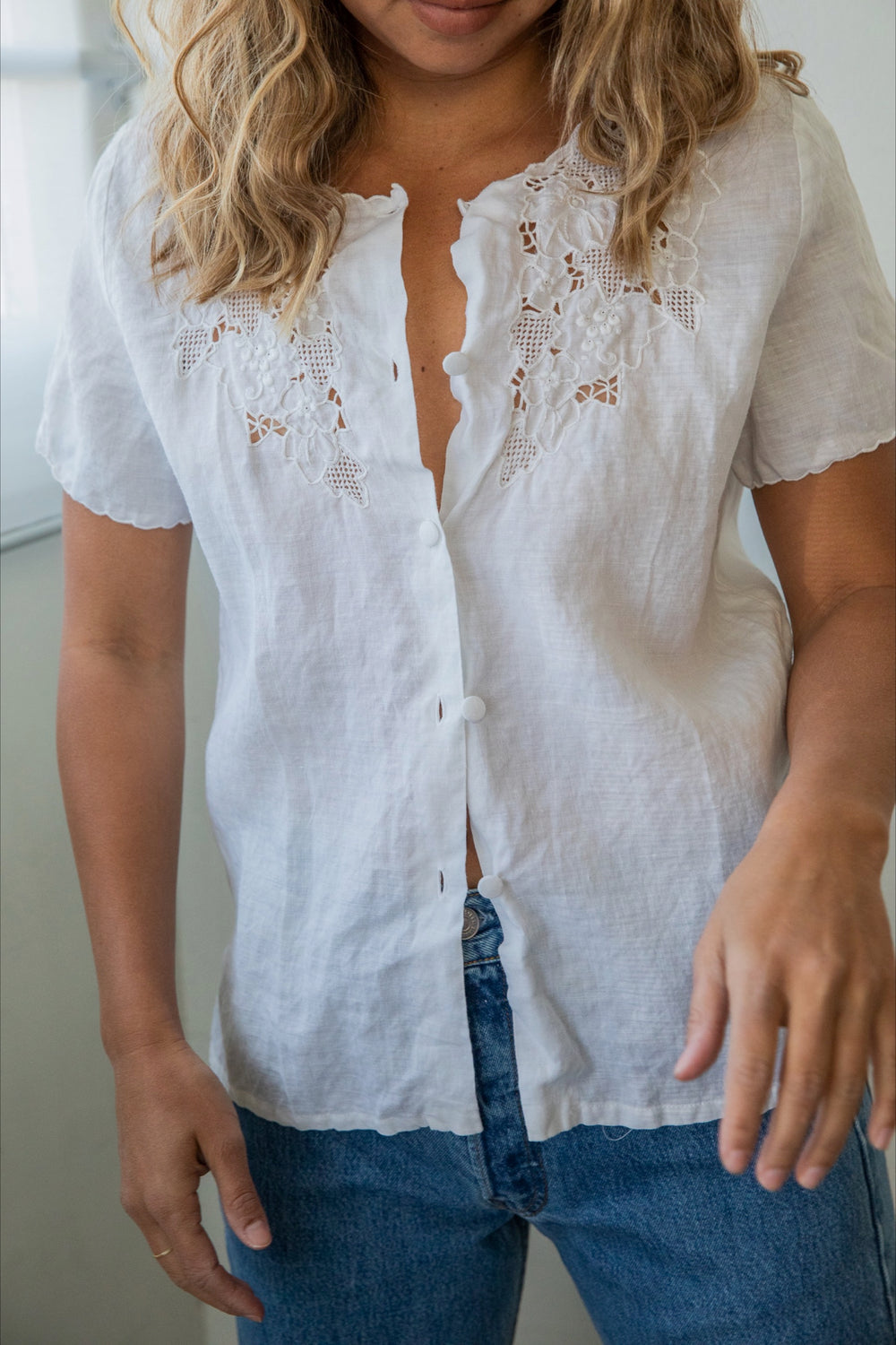 White Linen Embroidered Blouse