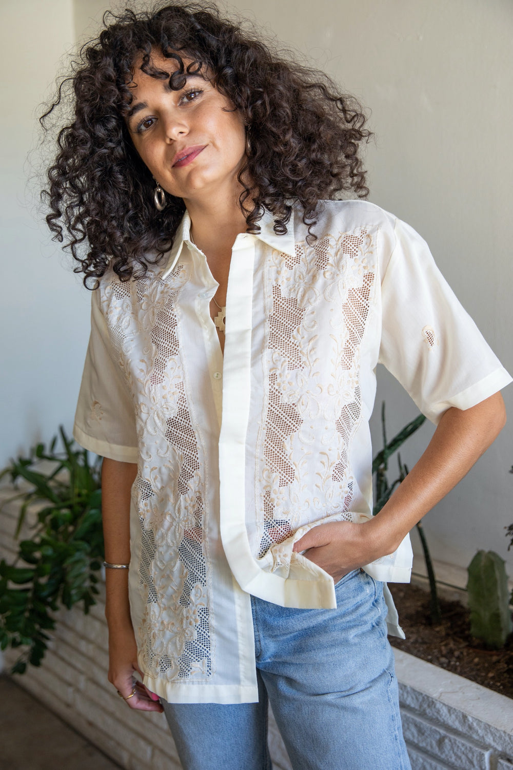 Creme Embroidered Short Sleeve Button Down