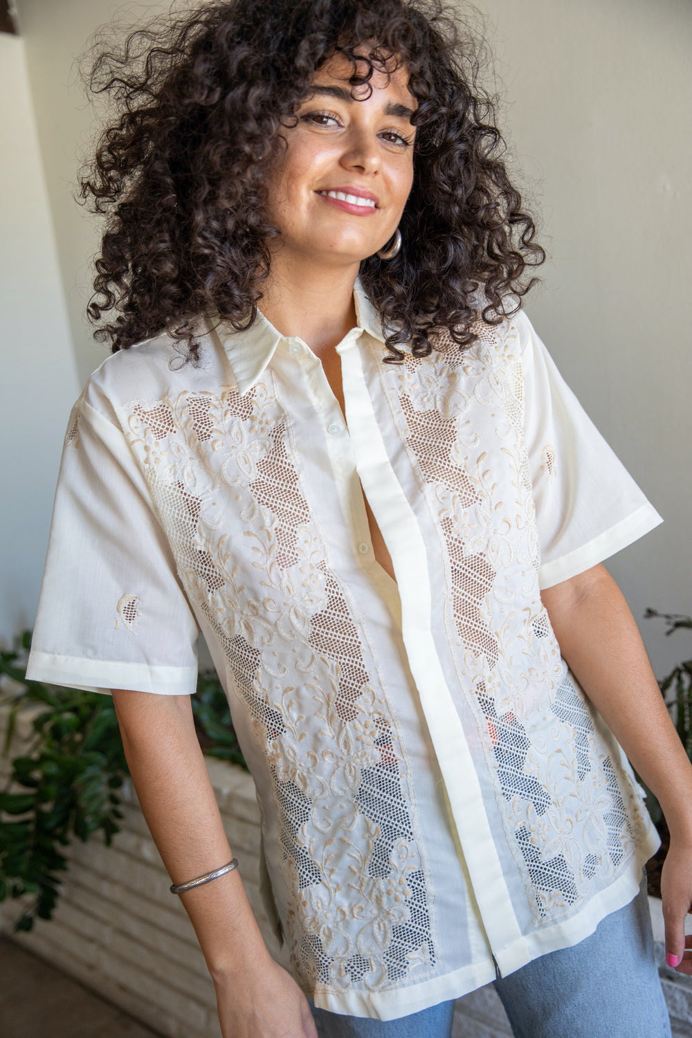 Creme Embroidered Short Sleeve Button Down