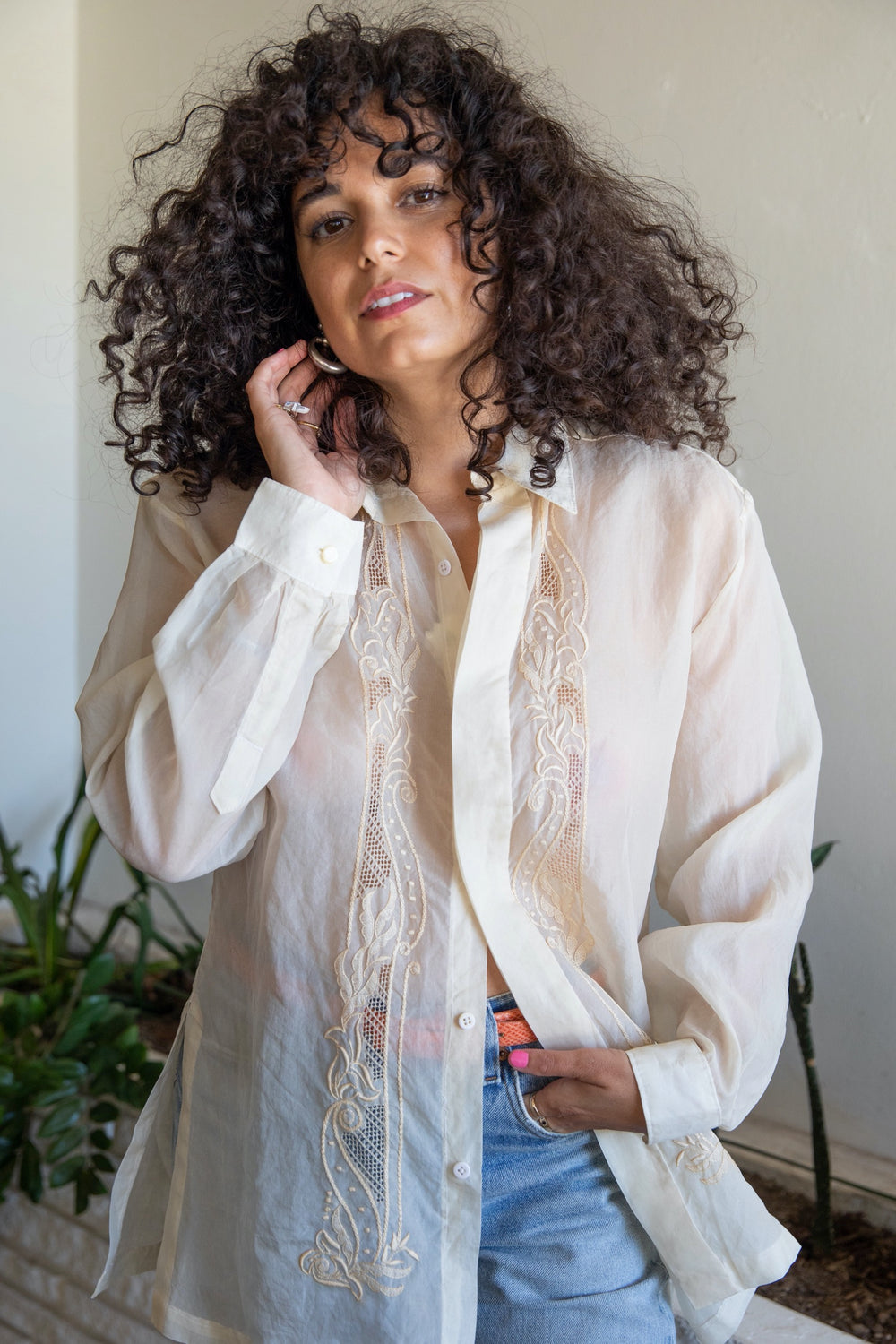 Creme Embroidered Long Sleeve Button Down