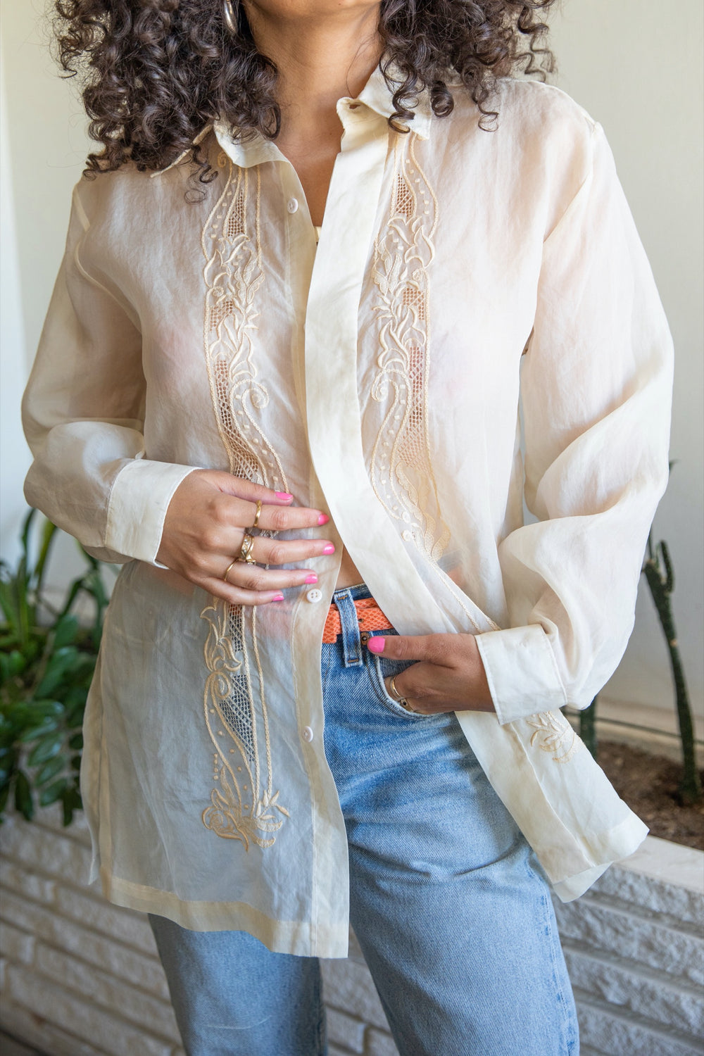 Creme Embroidered Long Sleeve Button Down