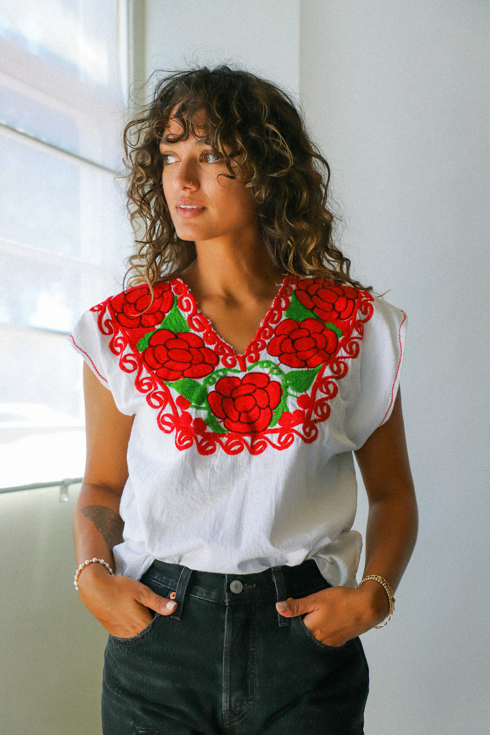 Red Embroidered Floral Top