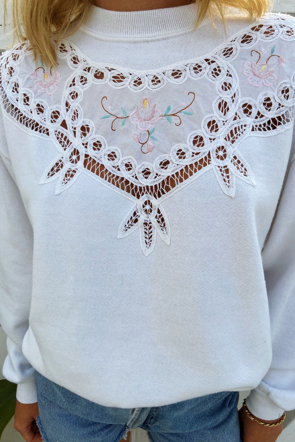 White Pullover Sweatshirt with Cutwork Floral Detail