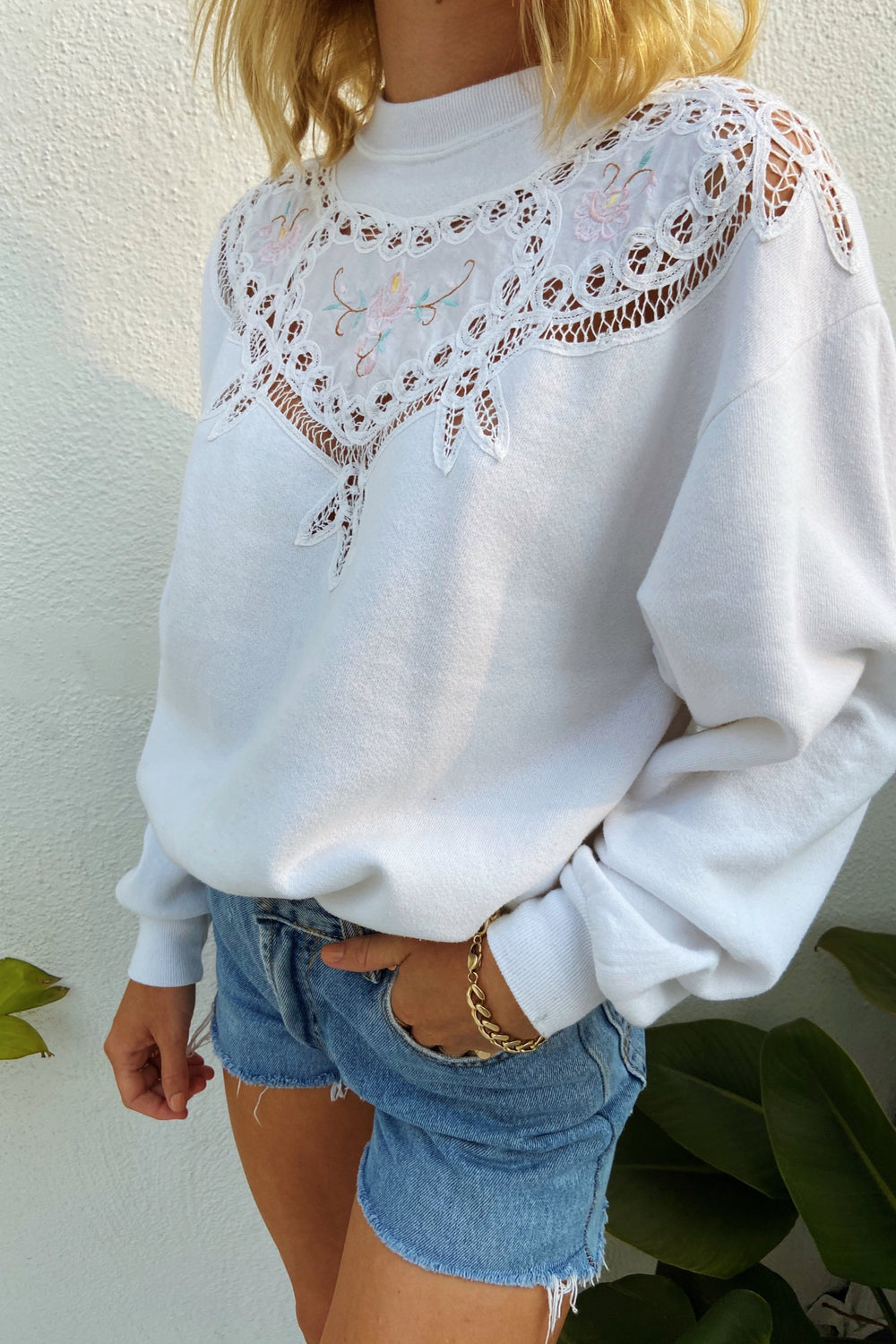 White Pullover Sweatshirt with Cutwork Floral Detail