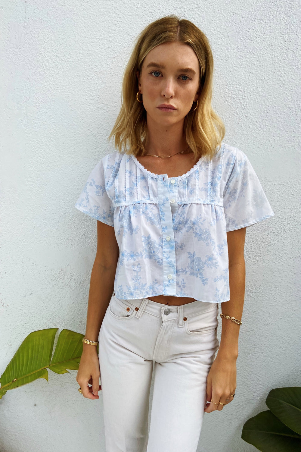 Blue & White Floral Cropped Top