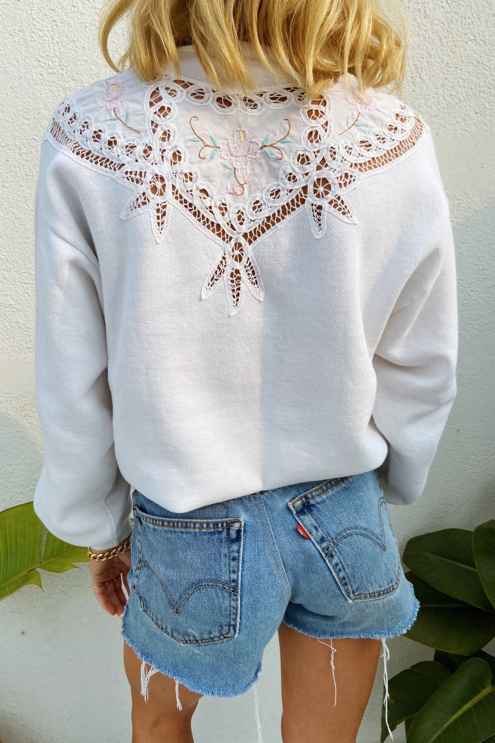 White Pullover Sweatshirt with Cutwork Floral Detail