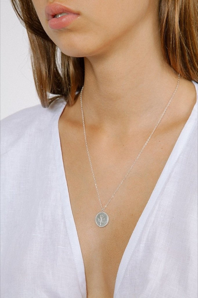 Silver Rose Coin Necklace
