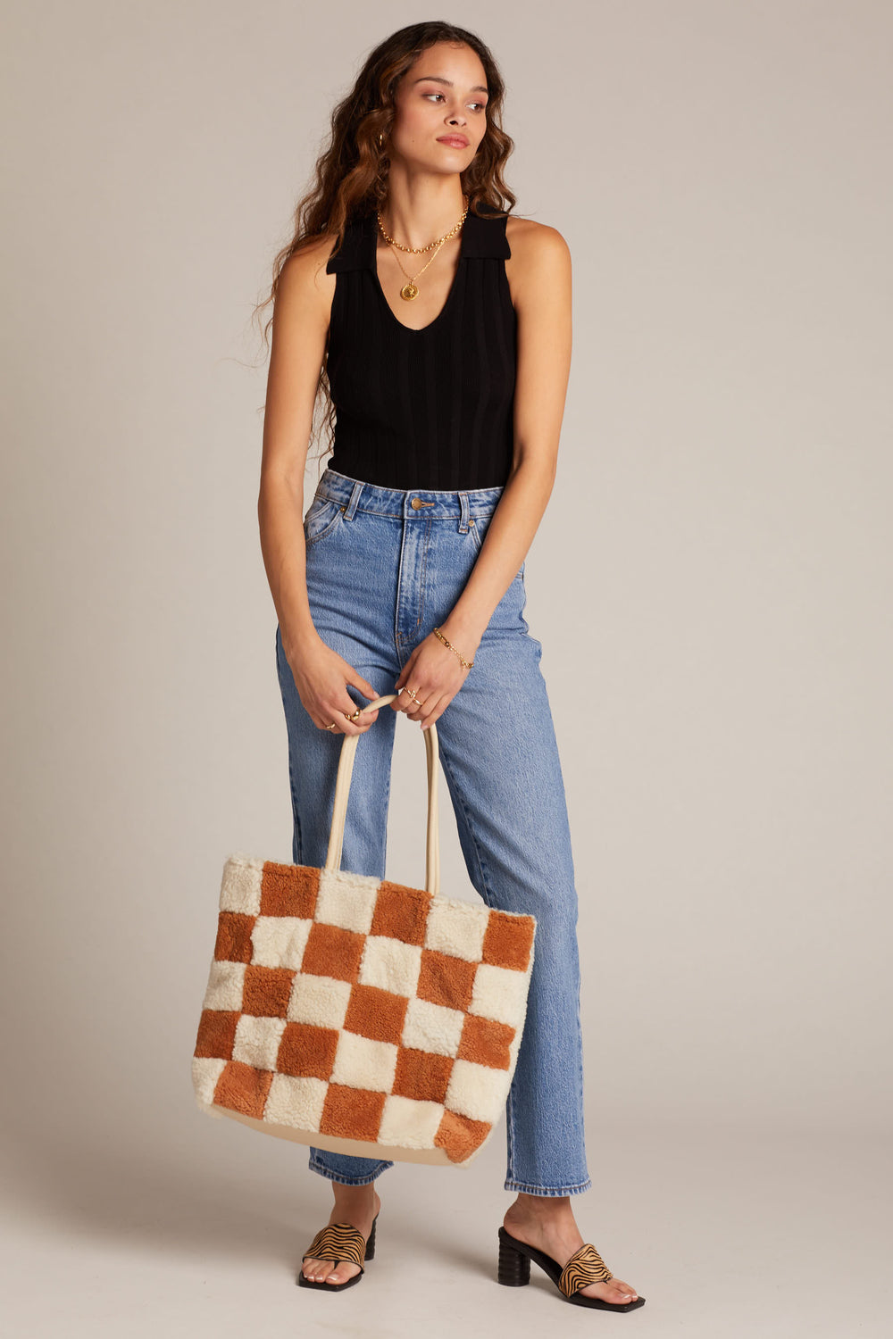 X Prism Cognac + White Checkered Patchwork Tote