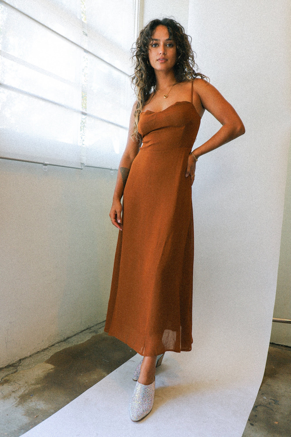Copper Fitted Bodice Dress