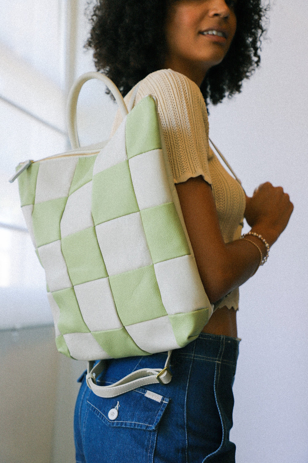 X Prism Avocado + Cream Checkered Patchwork Backpack