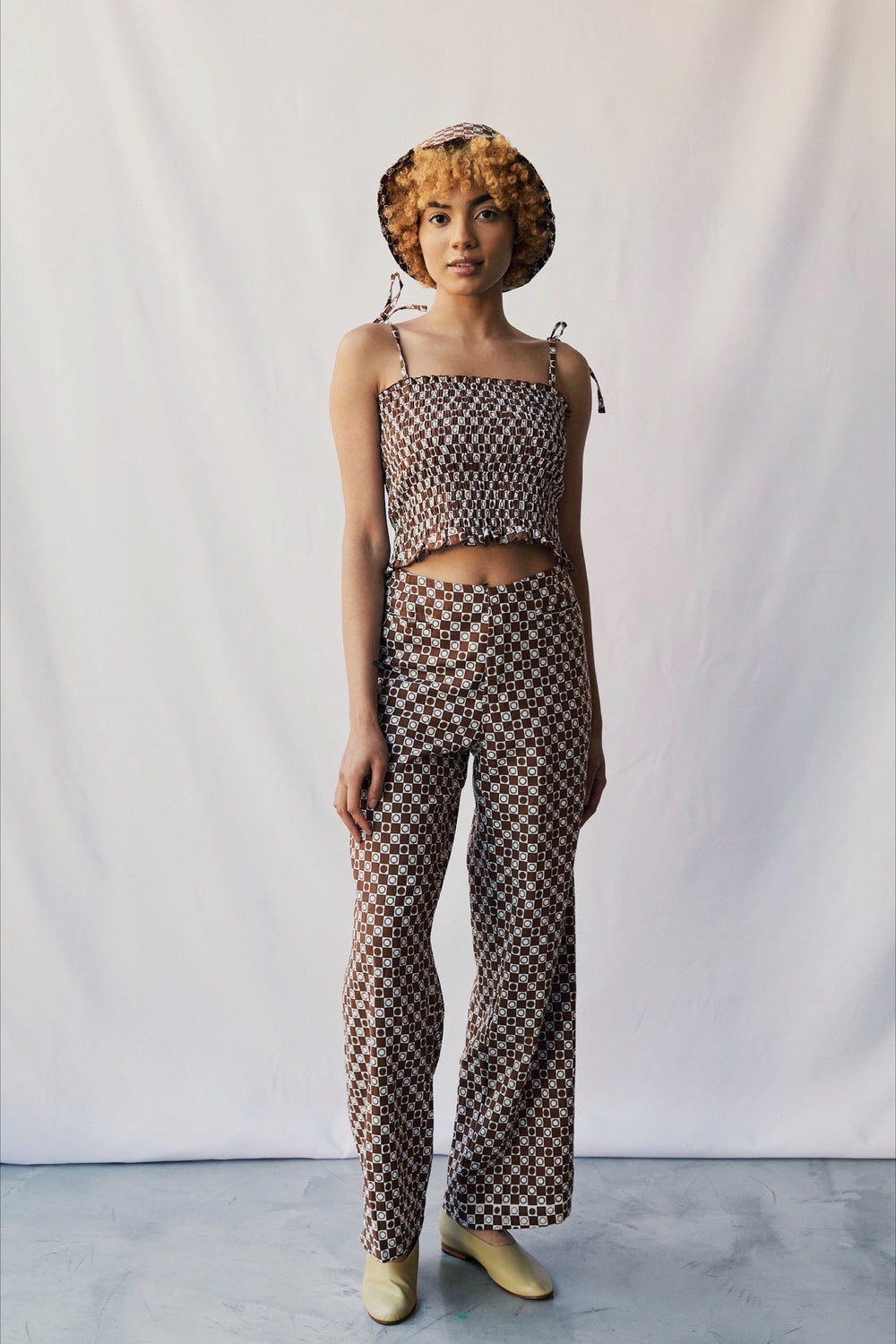Brown Check Gathered Crop Top