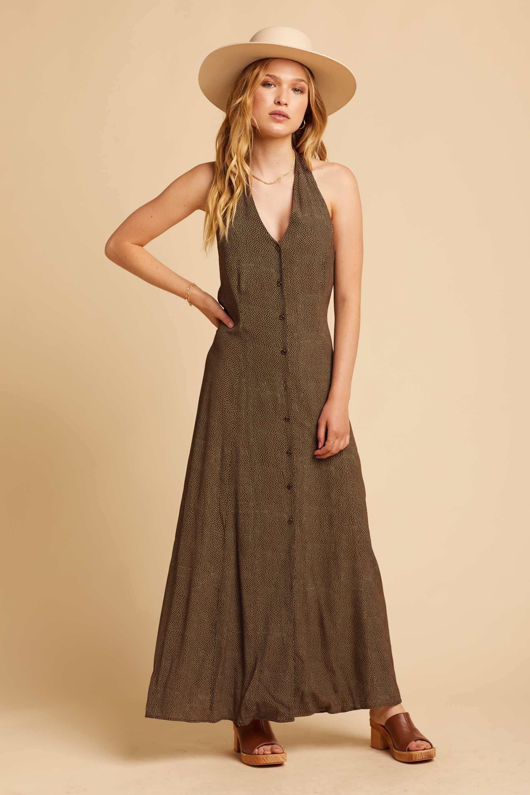 Brown Mini Spot Halter Dress Prism Boutique Brown Mini Spot Halter Dress Prism Boutique